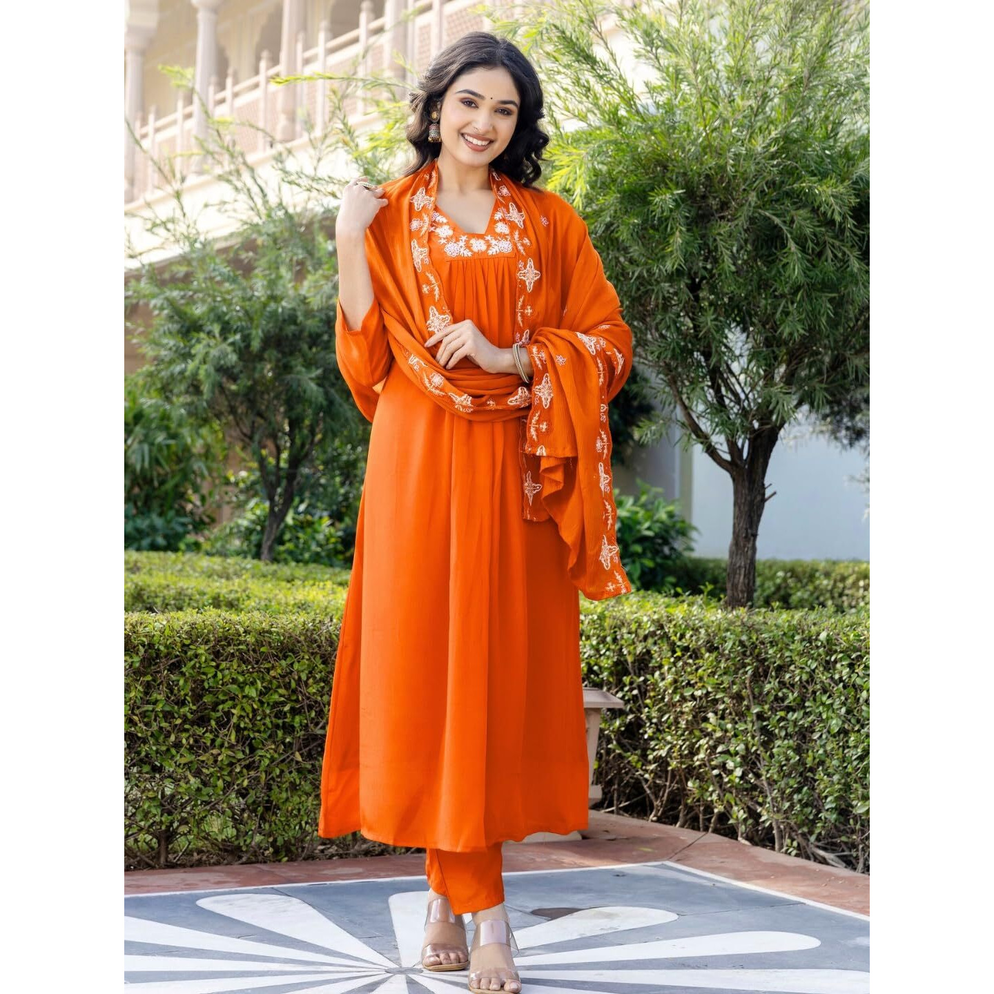 Navlik Women's Orange Silk Chiffon Embroidered Flared Kurta with Rayon Pant and Poly Chiffon Embroidered Dupatta Sets (NK-604)