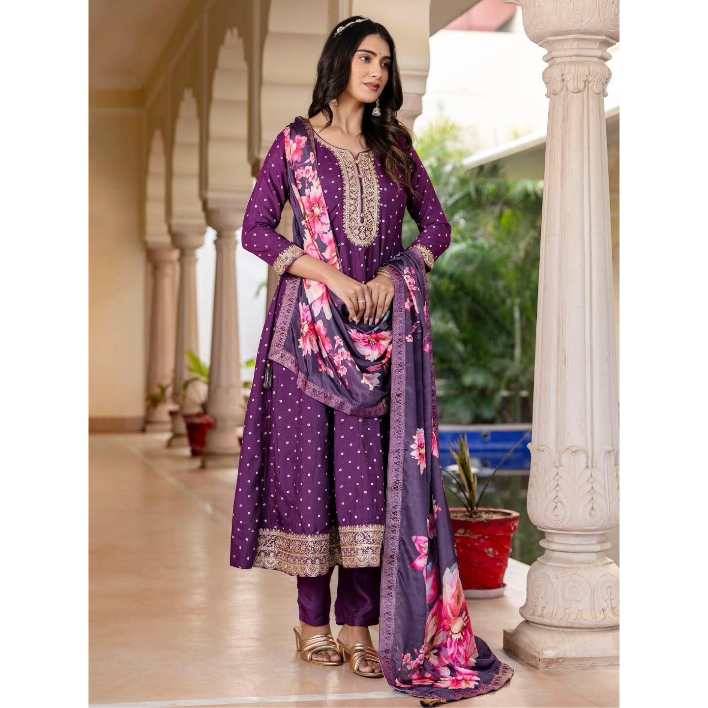Navlik Women's Vichitra Silk with Cotton Lining Embroidered and Printed Flared Kurta with Pant And Dupatta Sets (NK-606)
