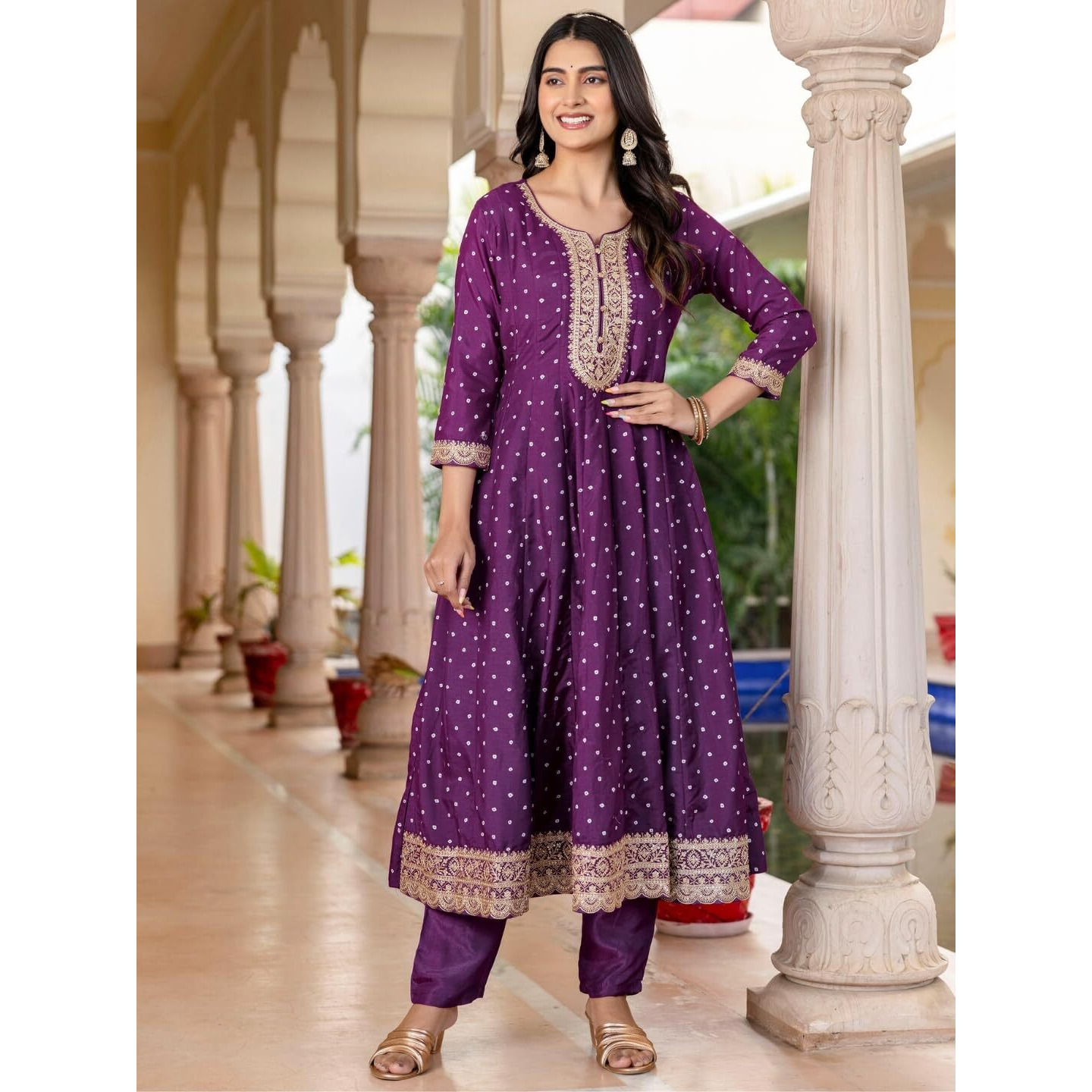 Navlik Women's Vichitra Silk with Cotton Lining Embroidered and Printed Flared Kurta with Pant And Dupatta Sets (NK-606)