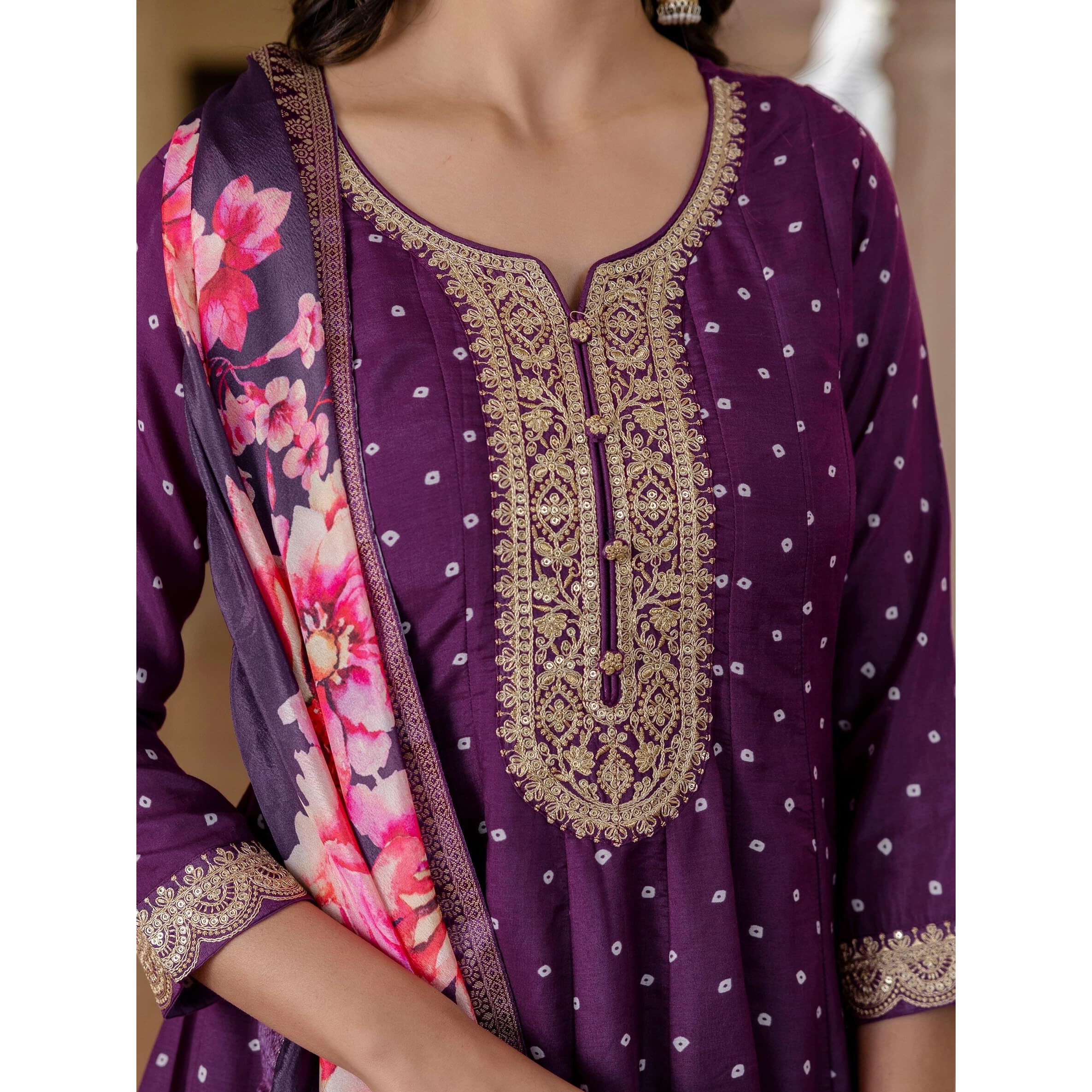 Navlik Women's Vichitra Silk with Cotton Lining Embroidered and Printed Flared Kurta with Pant And Dupatta Sets (NK-606)