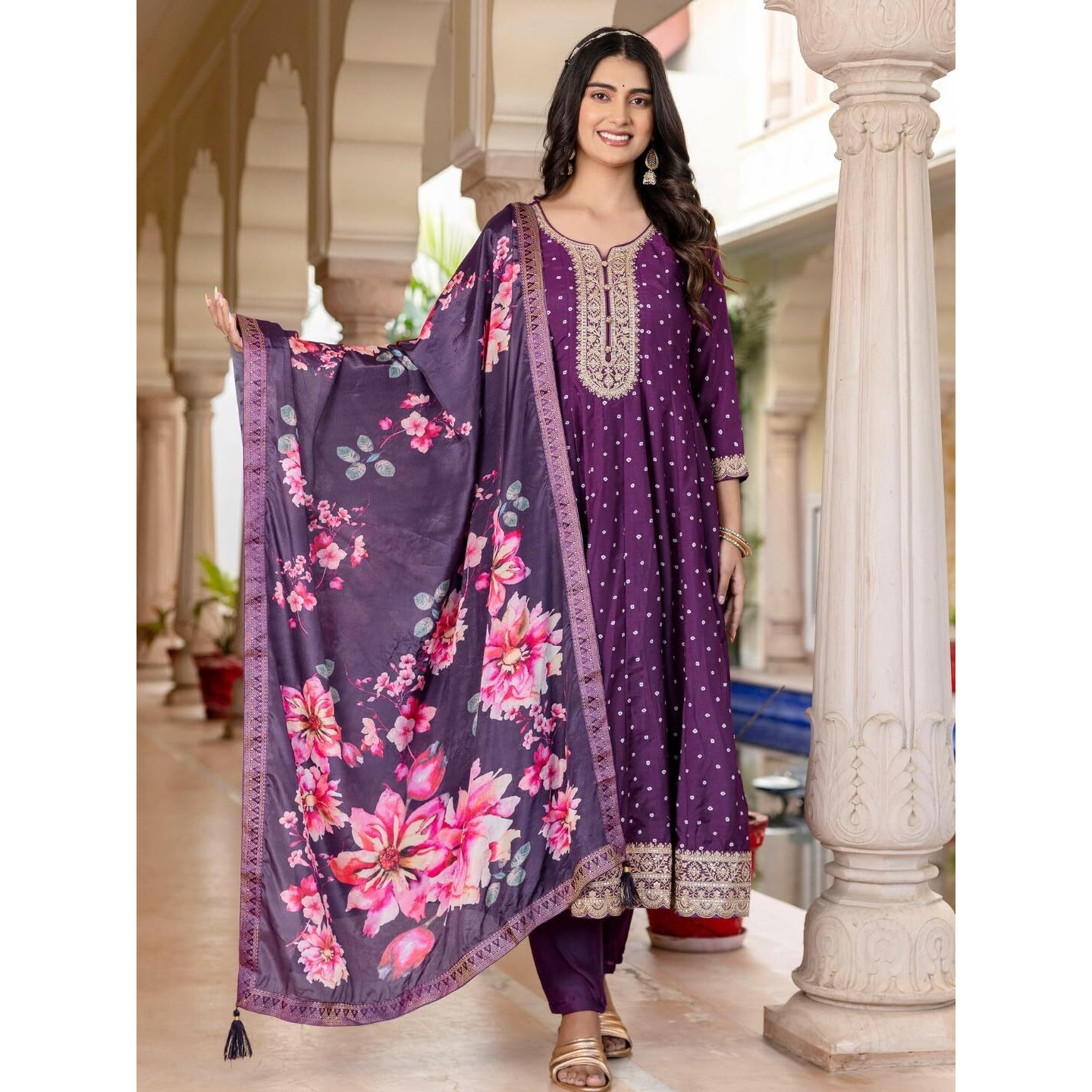 Navlik Women's Vichitra Silk with Cotton Lining Embroidered and Printed Flared Kurta with Pant And Dupatta Sets (NK-606)