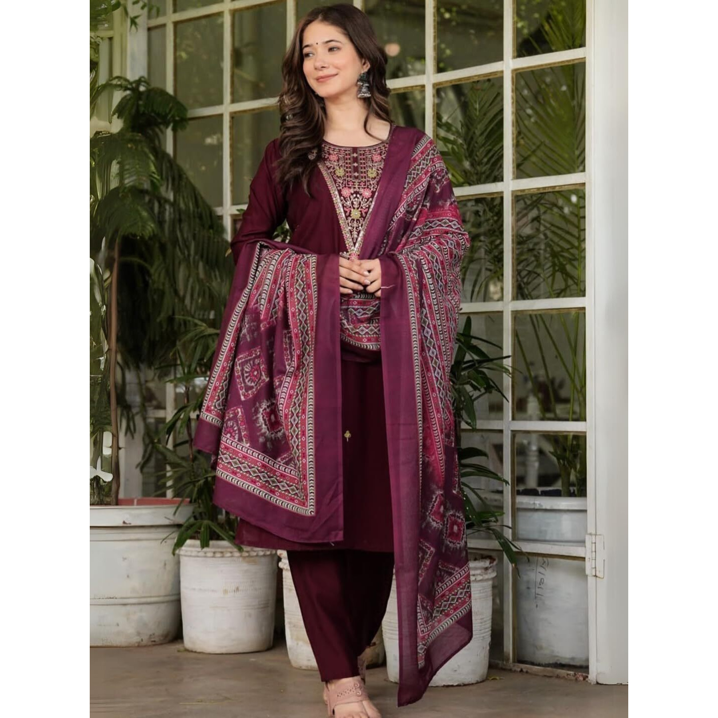 Navlik Women's Rayon Slub Embroidered Straight Kurta with Pant And Dupatta Sets (NK-607)