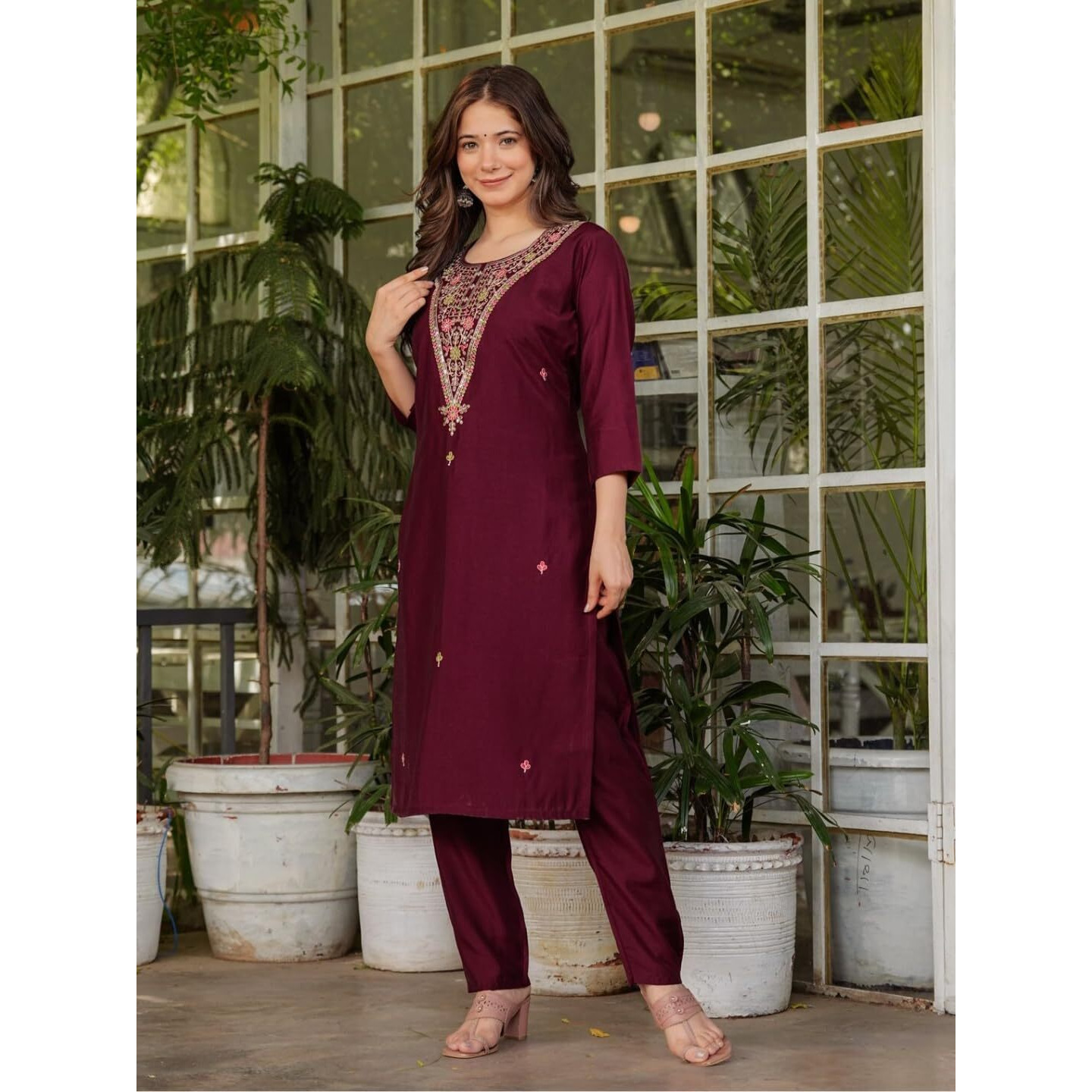 Navlik Women's Rayon Slub Embroidered Straight Kurta with Pant And Dupatta Sets (NK-607)