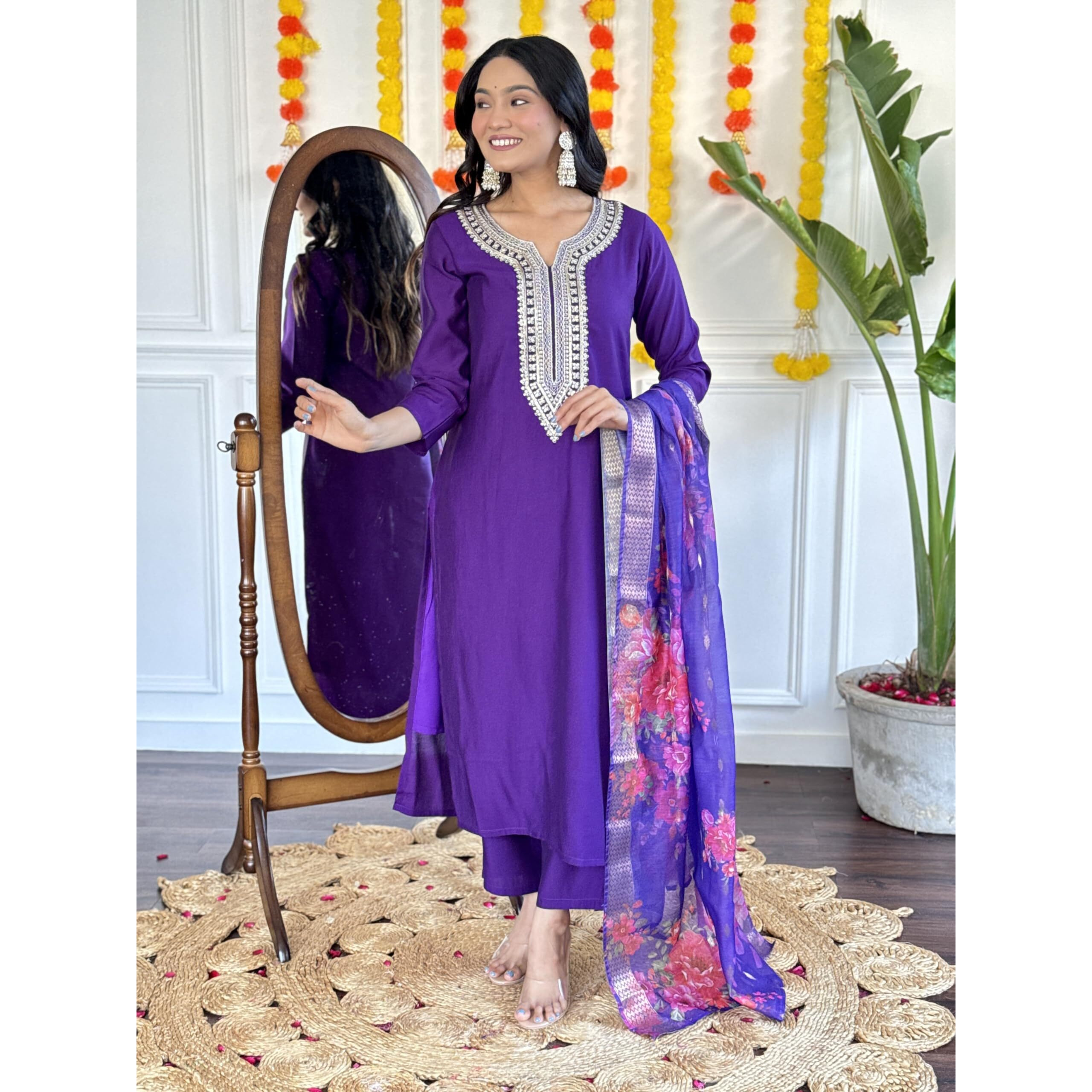 Navlik Women's Chanderi Viscose Embroidered Straight Kurta with Pant and Dupatta Sets (NK-610)