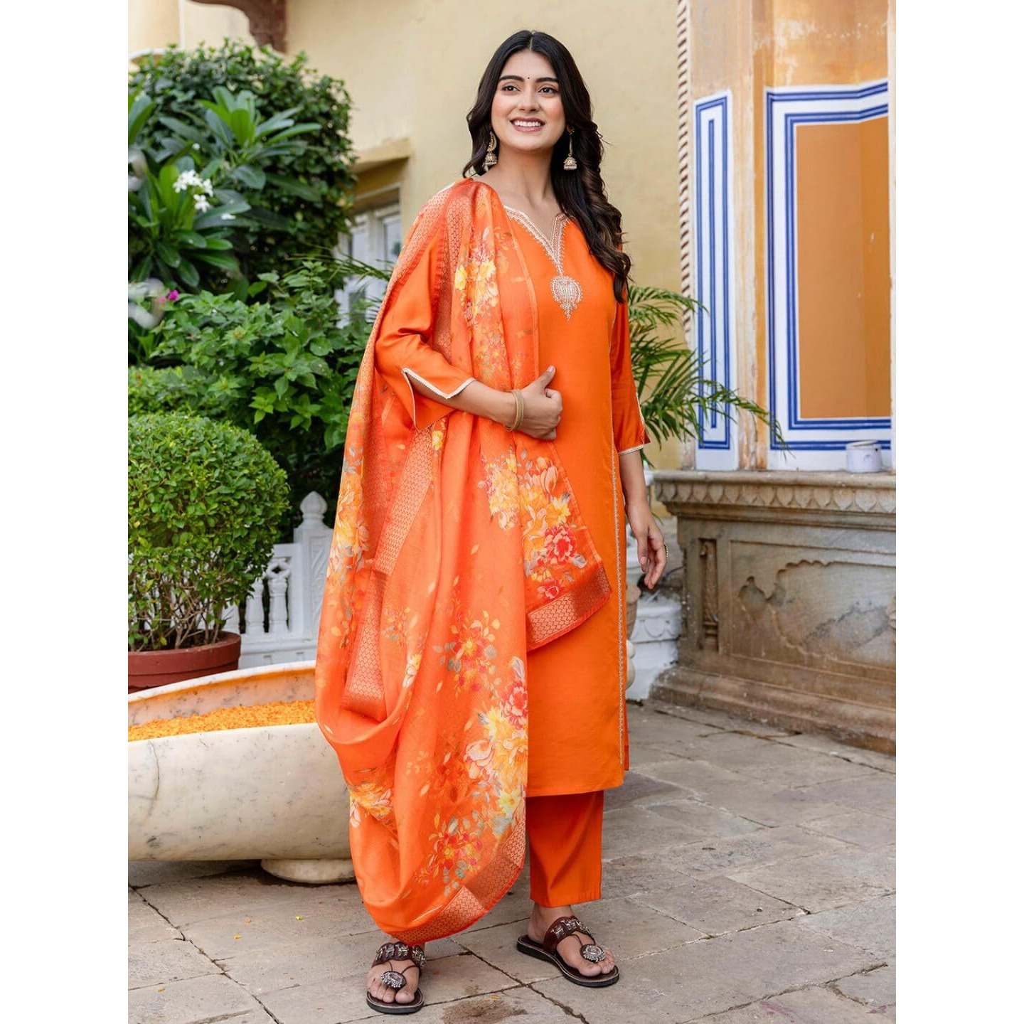 Navlik Women's Chanderi Viscose with full Inner Embroidered Straight Kurta with Pant And Dupatta Sets (NK-611)