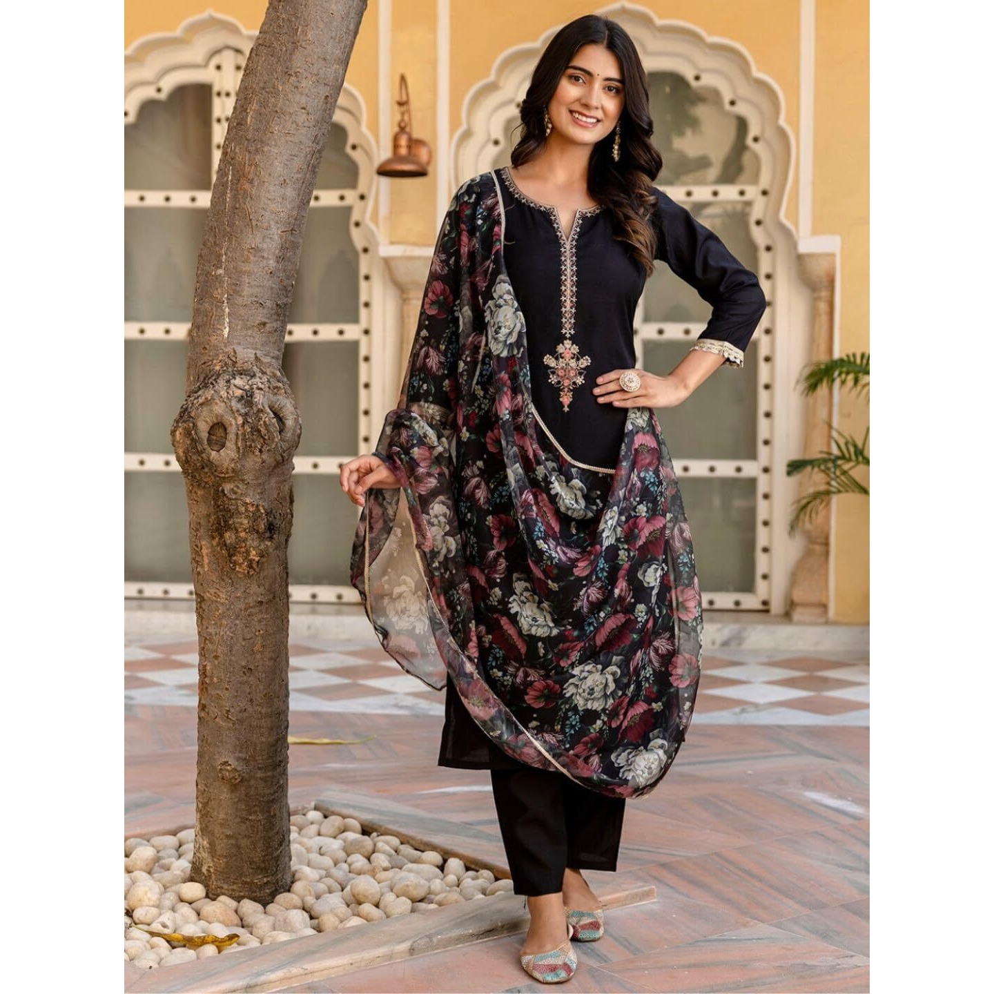 Navlik Women's Rayon Slub Embroidered Straight Kurta with Pant and Dupatta Sets (NK-612)