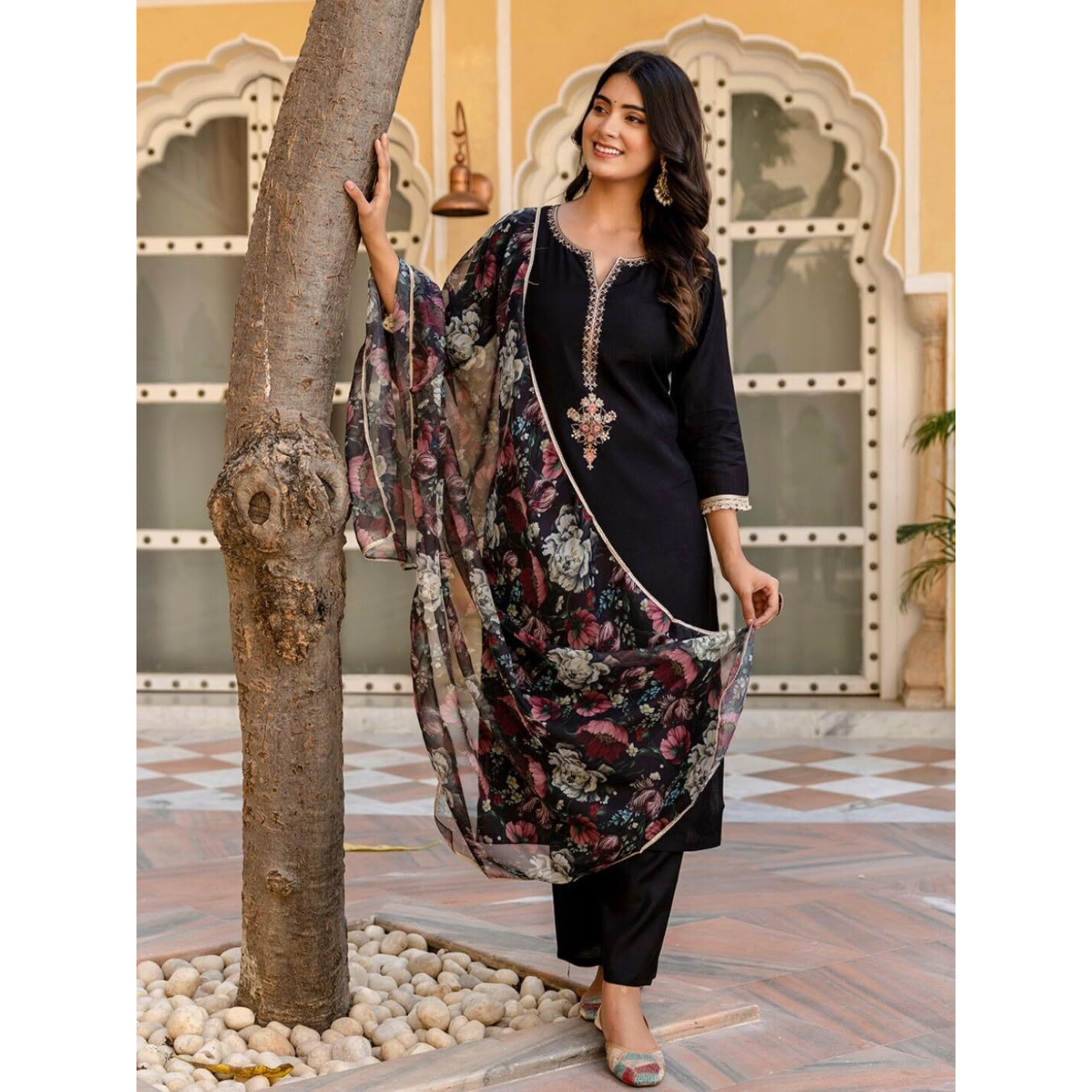Navlik Women's Rayon Slub Embroidered Straight Kurta with Pant and Dupatta Sets (NK-612)
