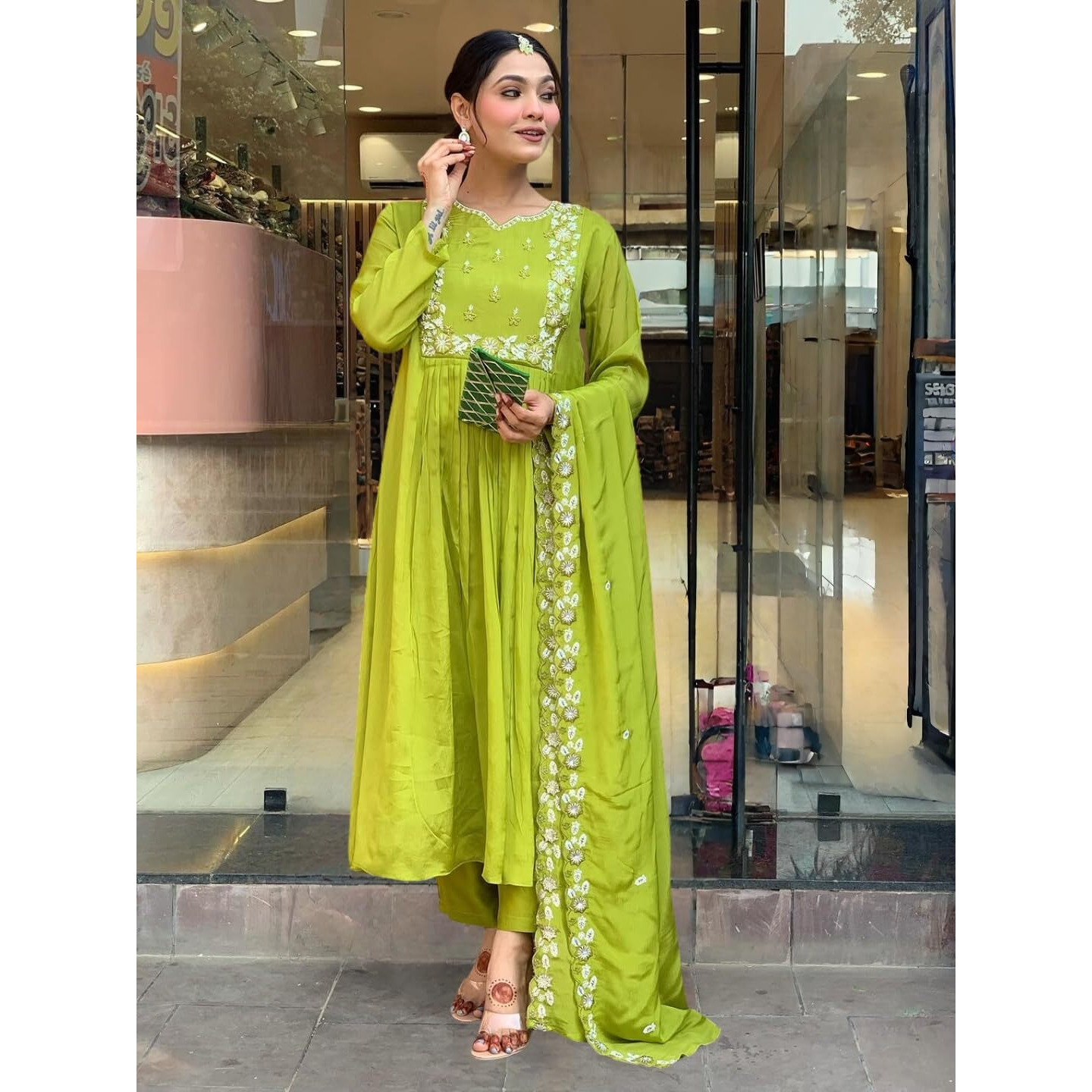 Women's Chinon with Cotton Lining Embroidered Flared Kurta with Pant And Dupatta Sets (NK-616)
