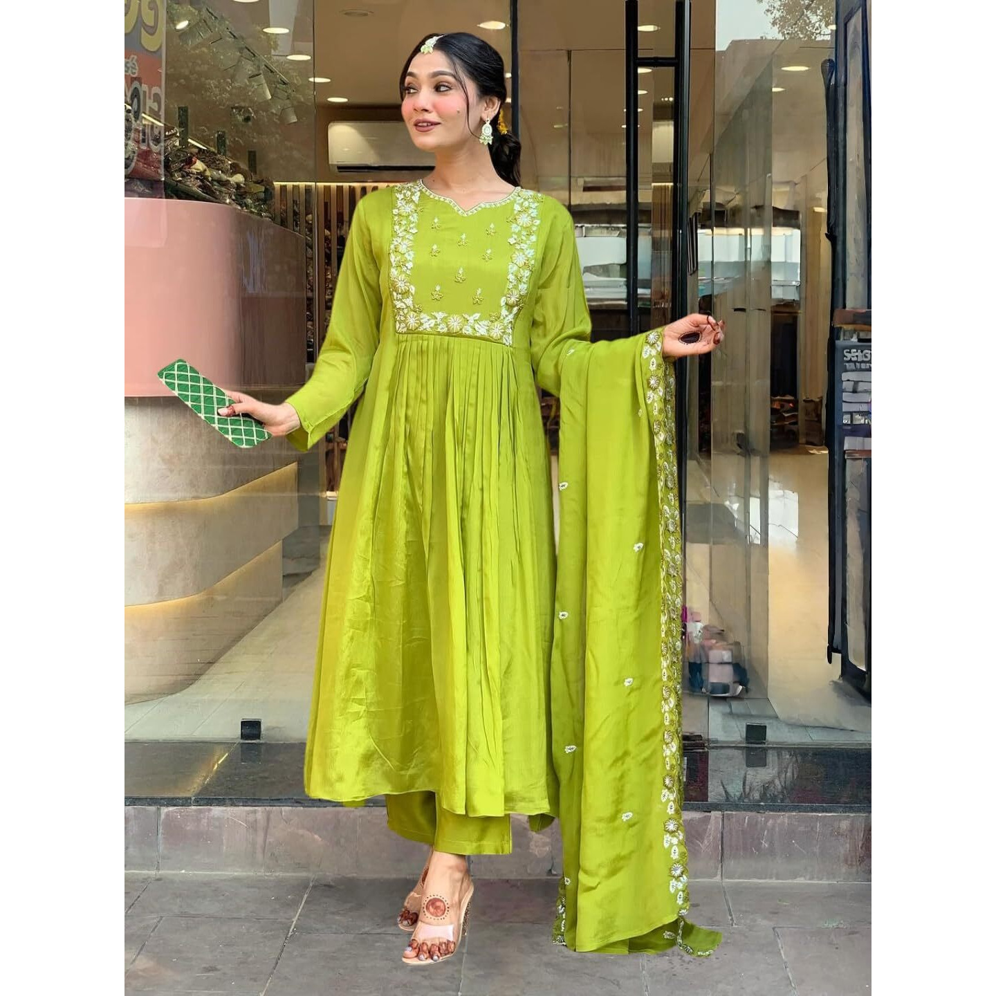 Women's Chinon with Cotton Lining Embroidered Flared Kurta with Pant And Dupatta Sets (NK-616)