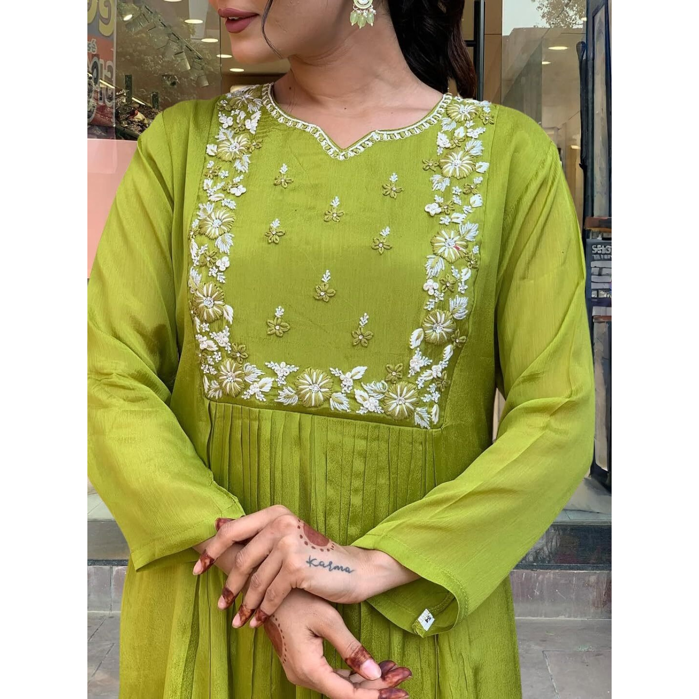 Women's Chinon with Cotton Lining Embroidered Flared Kurta with Pant And Dupatta Sets (NK-616)