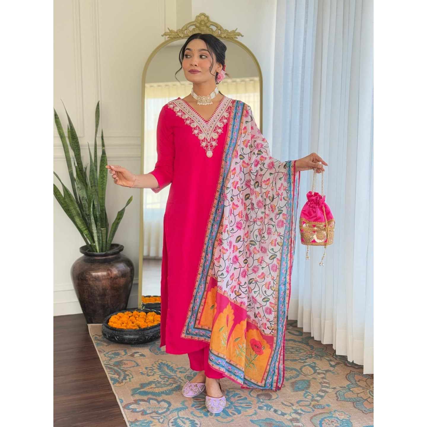 Navlik Women's Gajri Rayon Embroidered Straight Kurta with Rayon Pant and Silk Chiffon Printed Dupatta Sets (NK-621-)
