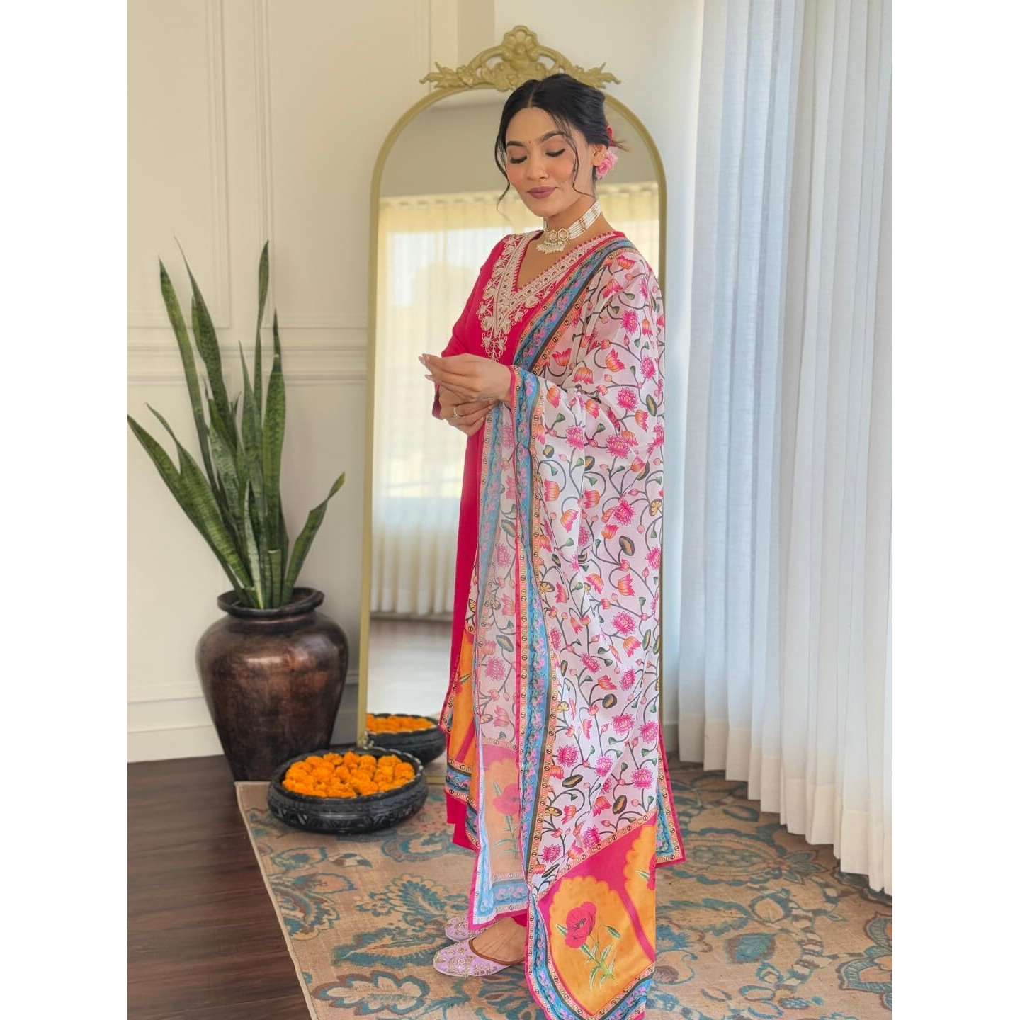 Navlik Women's Gajri Rayon Embroidered Straight Kurta with Rayon Pant and Silk Chiffon Printed Dupatta Sets (NK-621-)
