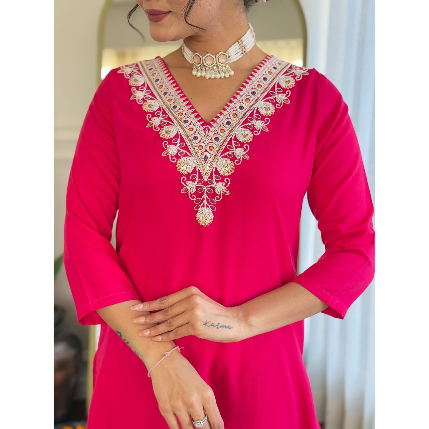 Navlik Women's Gajri Rayon Embroidered Straight Kurta with Rayon Pant and Silk Chiffon Printed Dupatta Sets (NK-621-)