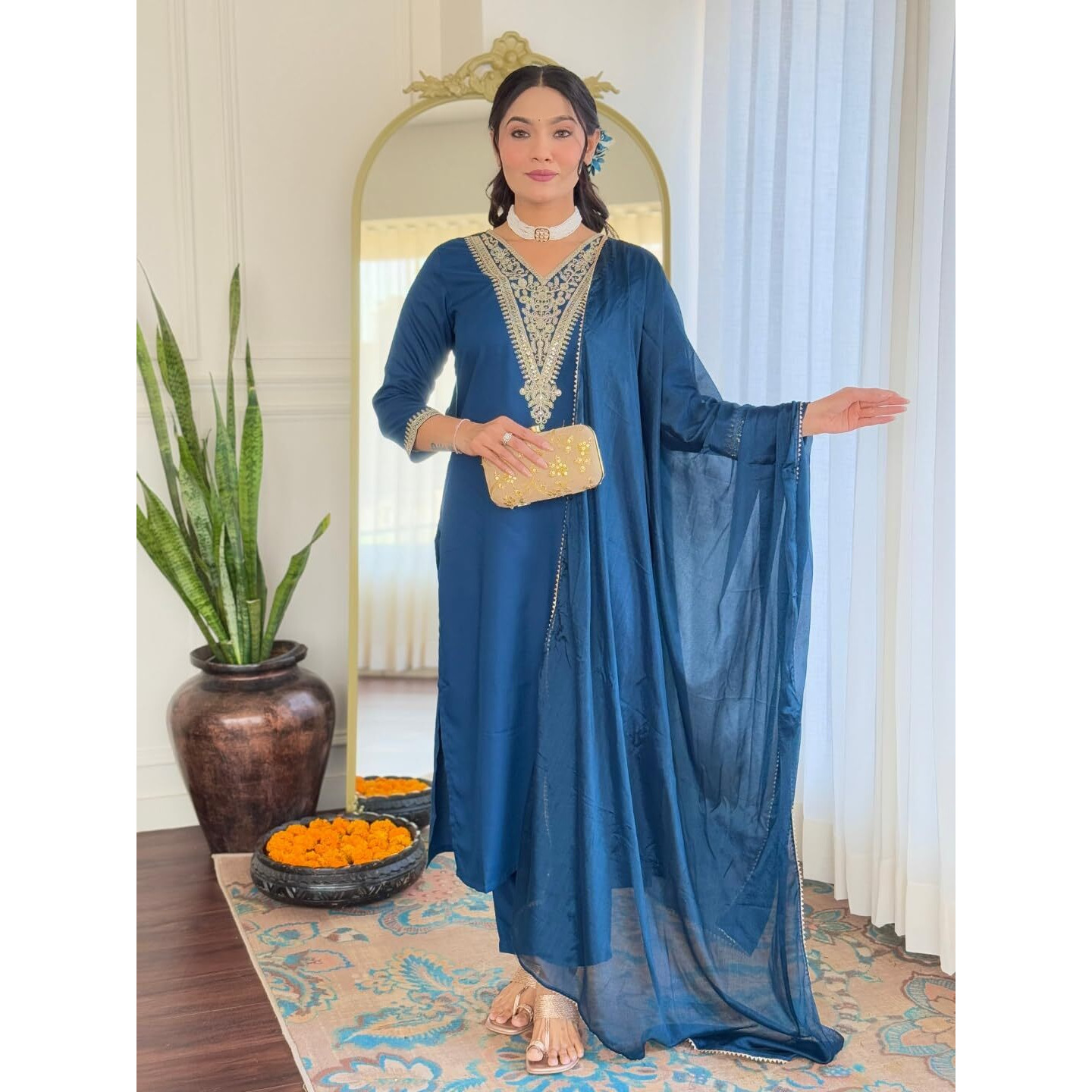 Navlik Women's Petrol Rayon Embroidered Straight Kurta with Rayon Pant and Silk Chiffon Laced Dupatta Sets (NK-622)