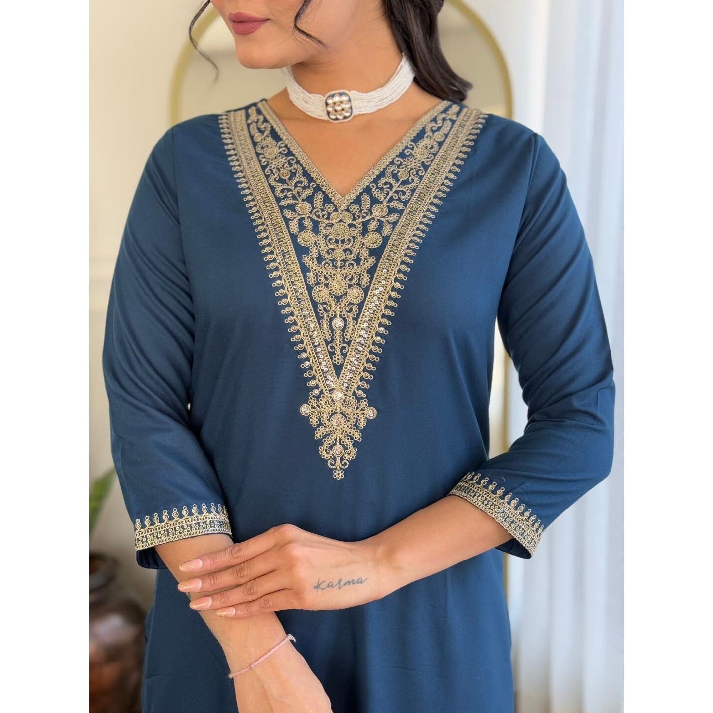 Navlik Women's Petrol Rayon Embroidered Straight Kurta with Rayon Pant and Silk Chiffon Laced Dupatta Sets (NK-622)
