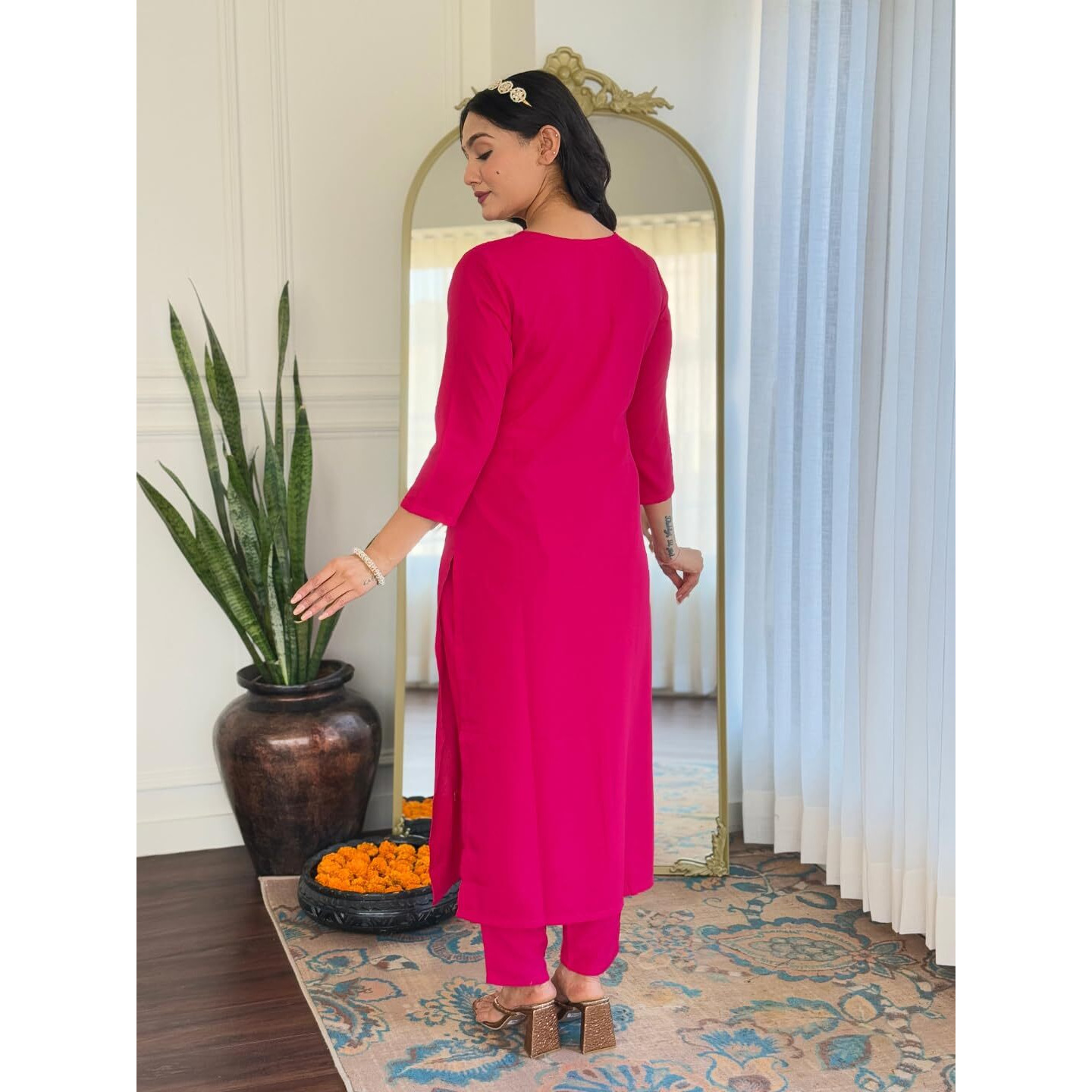 Navlik Women's Gajri Rayon Embroidered Straight Kurta with Rayon Pant and Taby Laced Dupatta Sets (NK-623)