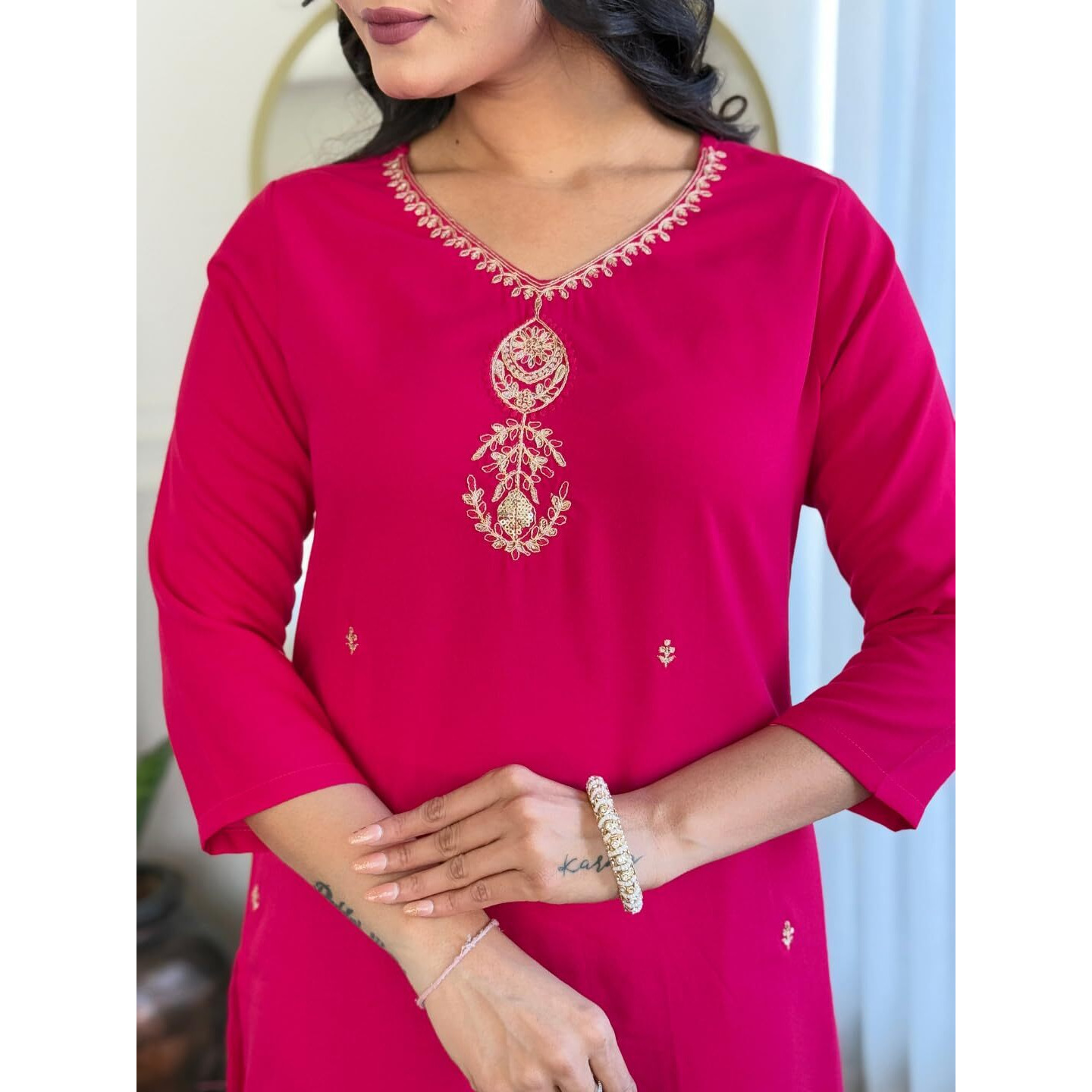 Navlik Women's Gajri Rayon Embroidered Straight Kurta with Rayon Pant and Taby Laced Dupatta Sets (NK-623)