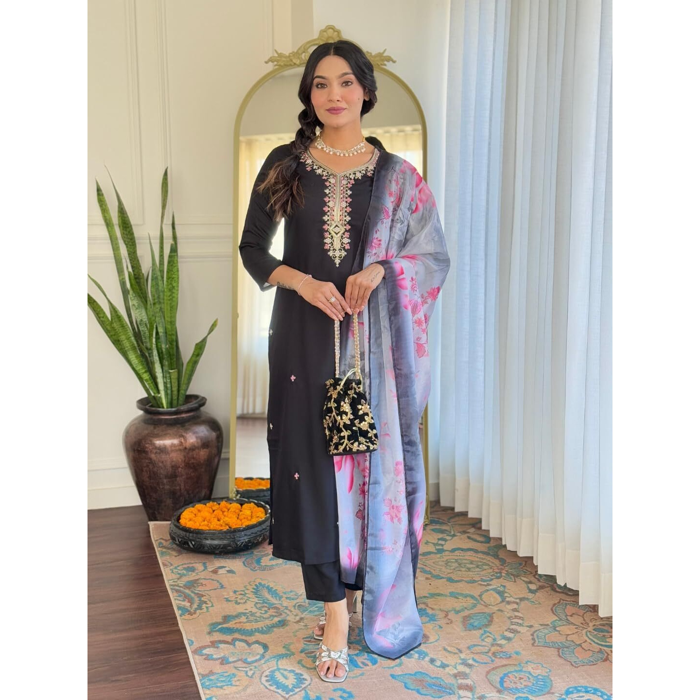 Navlik Women's Black Rayon Embroidered Straight Kurta with Rayon Pant and Taby Printed Dupatta Sets (NK-624)