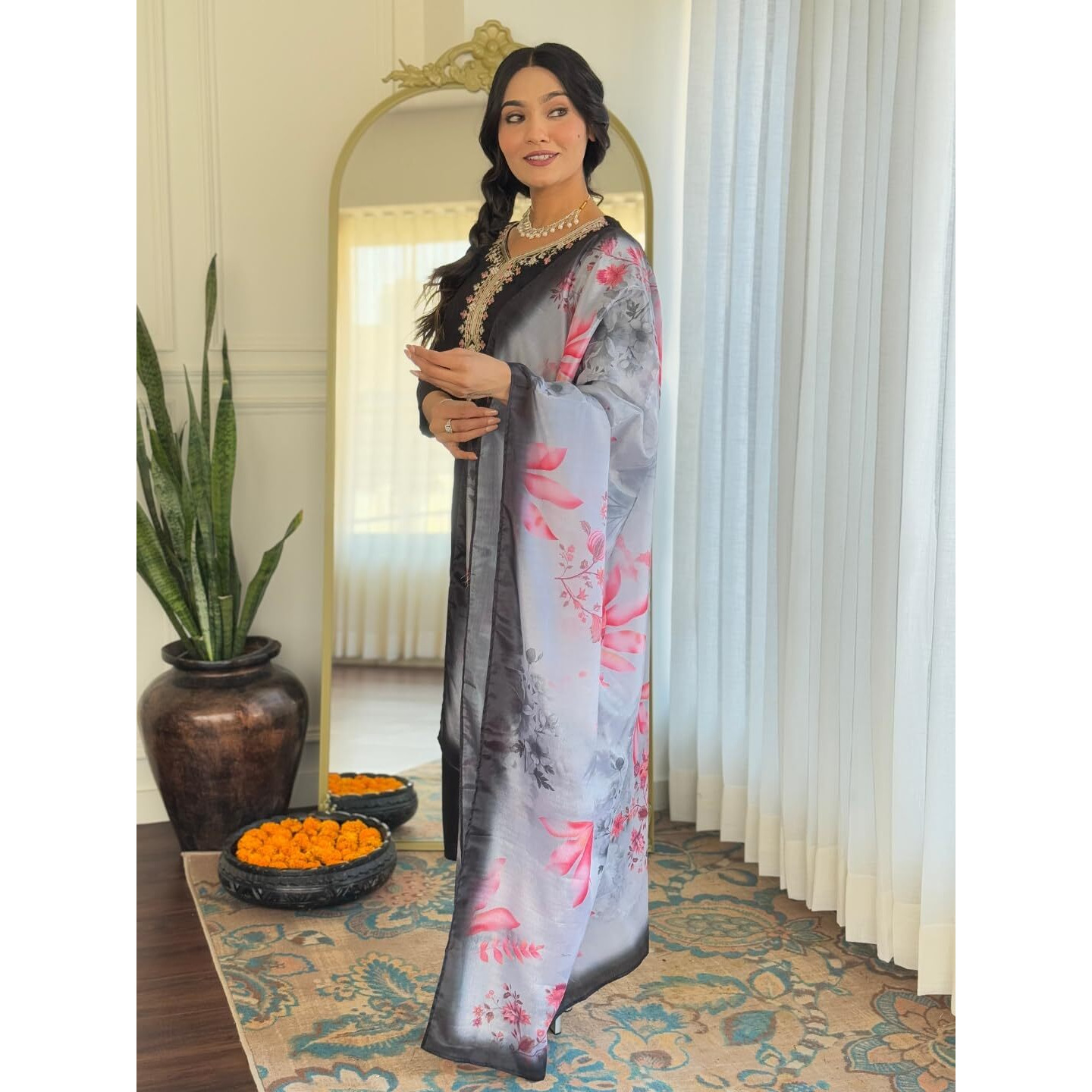 Navlik Women's Black Rayon Embroidered Straight Kurta with Rayon Pant and Taby Printed Dupatta Sets (NK-624)