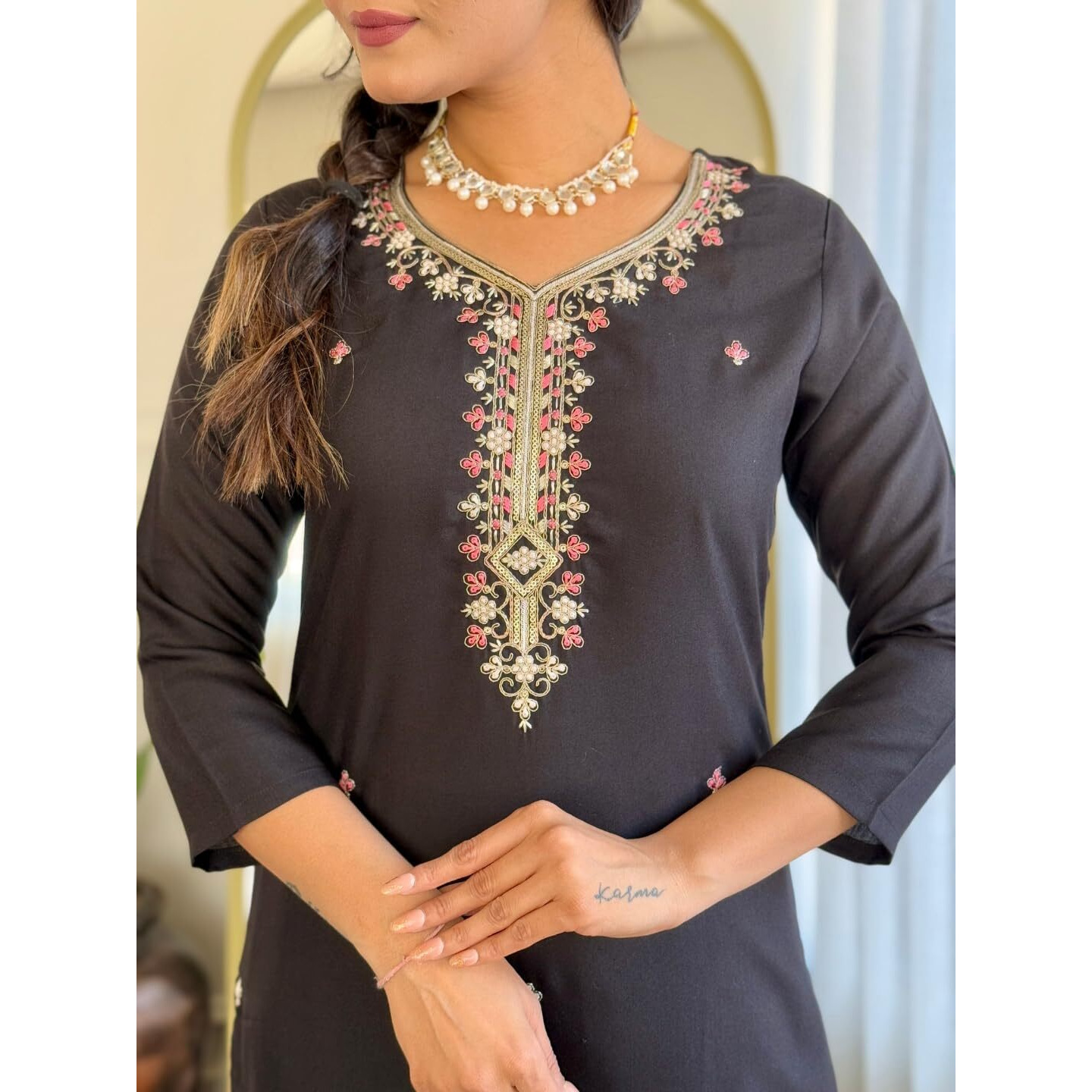 Navlik Women's Black Rayon Embroidered Straight Kurta with Rayon Pant and Taby Printed Dupatta Sets (NK-624)