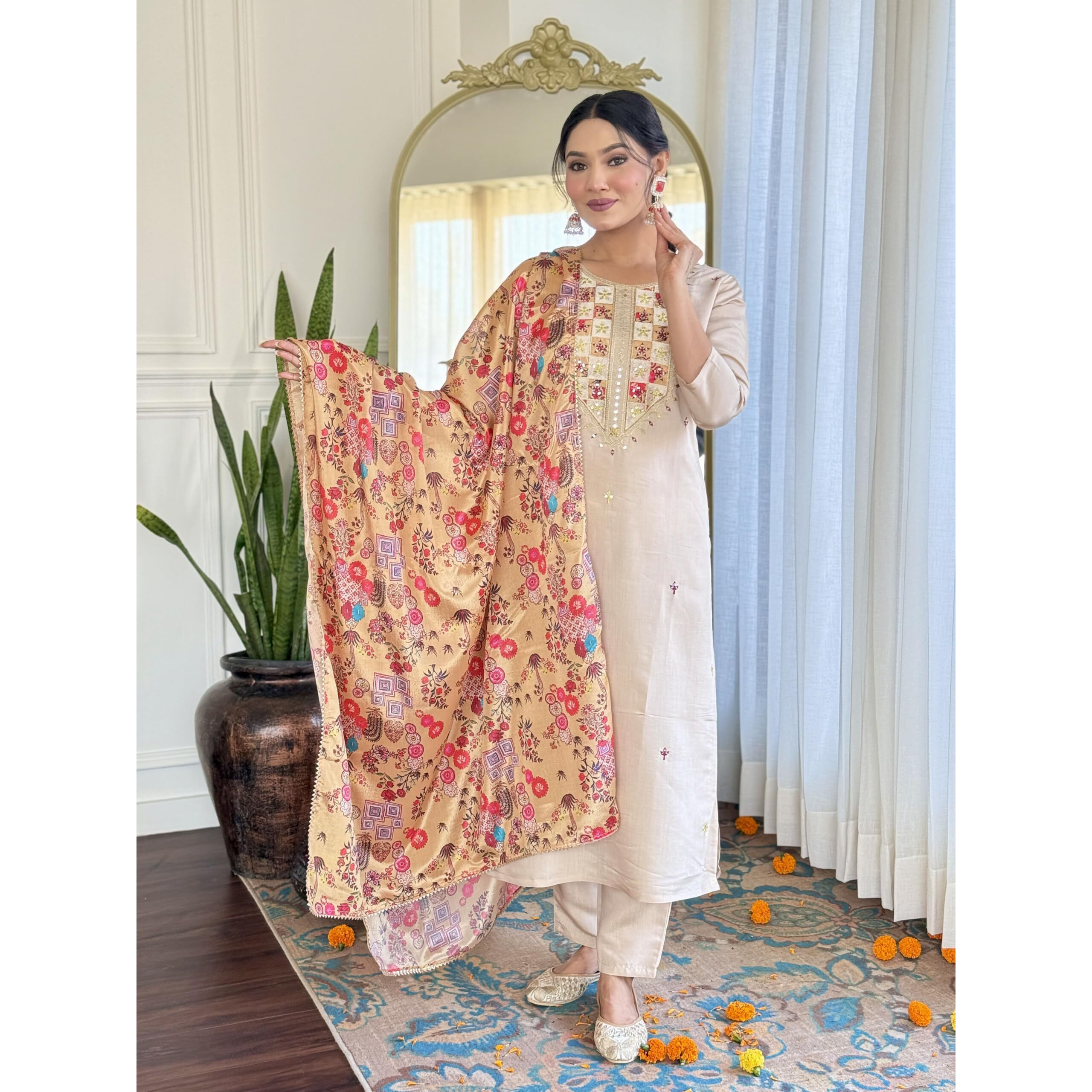 Navlik Women's Rayon Embroidered Straight Kurta with Pant And Dupatta Sets (NK-625)