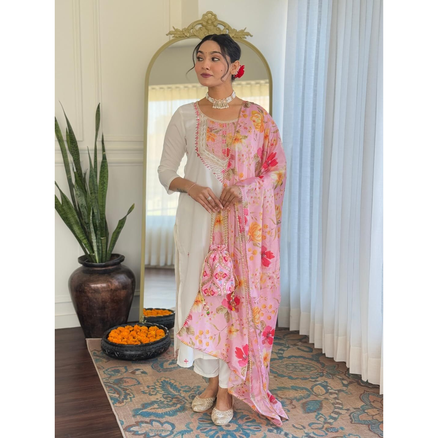 Navlik Women's Off White Rayon with Inner Embroidered Straight Kurta with Rayon Pant and Silk Chiffon Laced Dupatta Sets (NK-626)