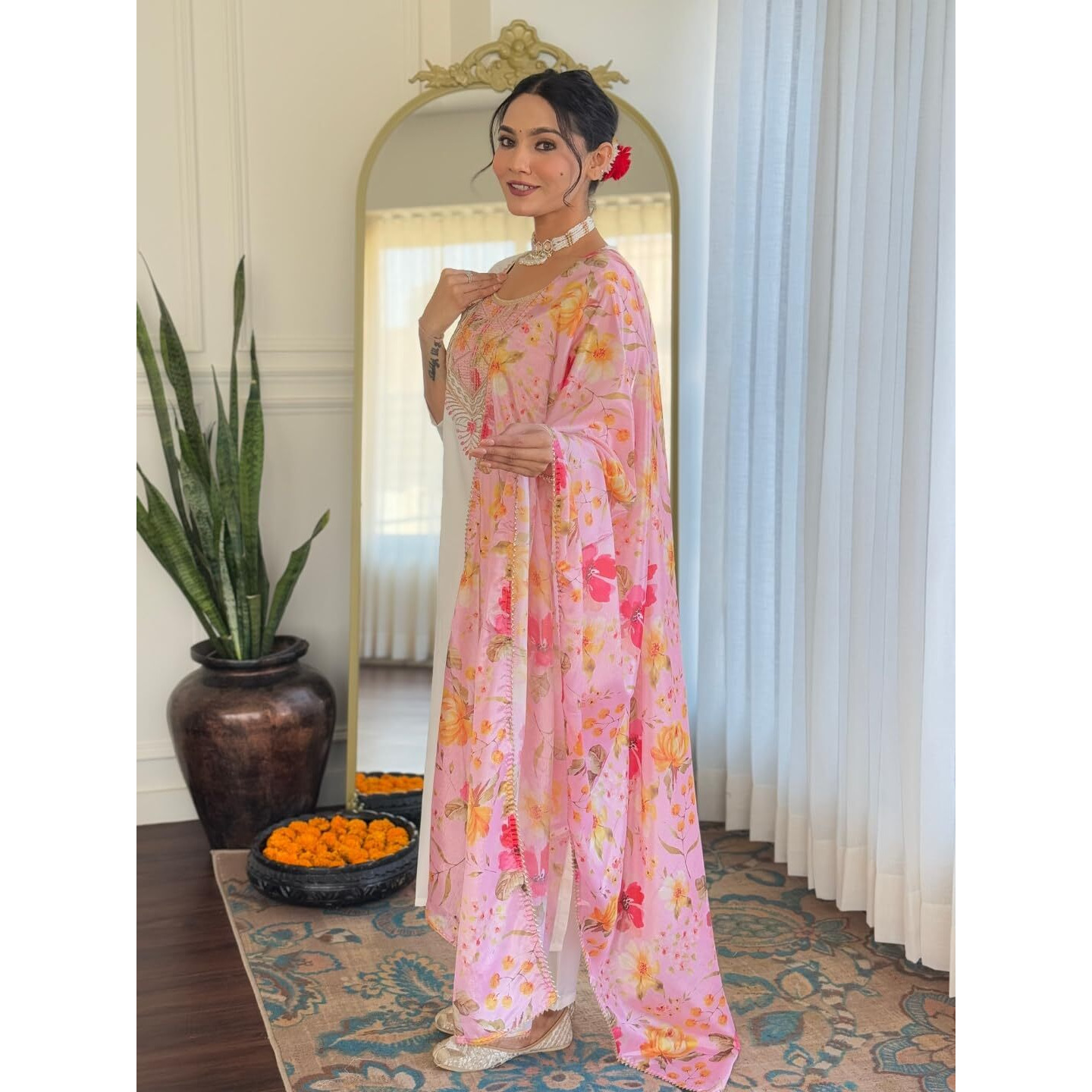 Navlik Women's Off White Rayon with Inner Embroidered Straight Kurta with Rayon Pant and Silk Chiffon Laced Dupatta Sets (NK-626)