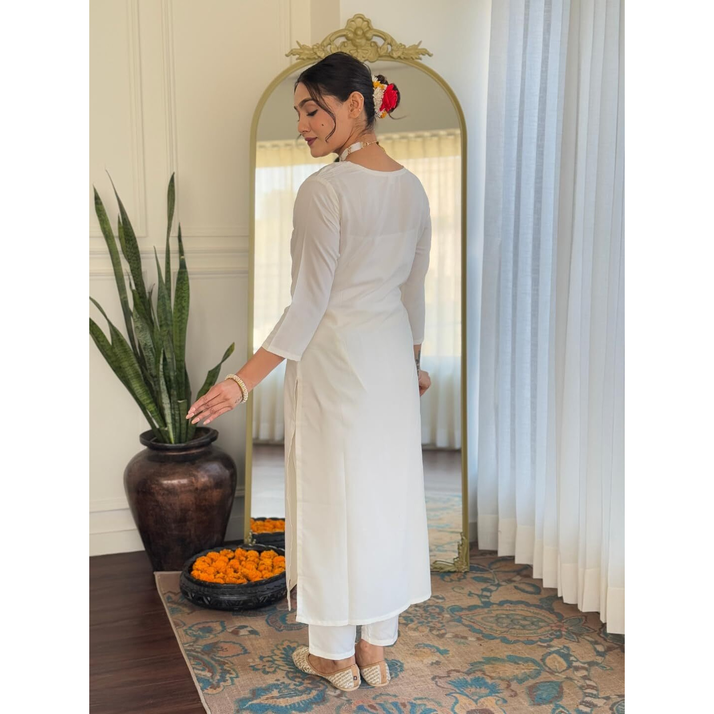 Navlik Women's Off White Rayon with Inner Embroidered Straight Kurta with Rayon Pant and Silk Chiffon Laced Dupatta Sets (NK-626)