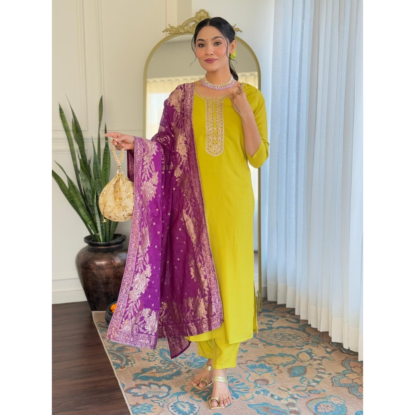 Navlik Women's Lemon Yellow BSY Viscose Embroidered Straight Kurta with BSY Viscose Pant and Viscose Jacquard Printed Dupatta Sets (NK-627)