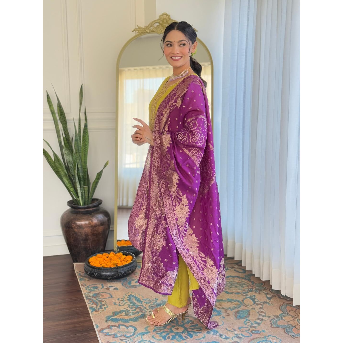 Navlik Women's Lemon Yellow BSY Viscose Embroidered Straight Kurta with BSY Viscose Pant and Viscose Jacquard Printed Dupatta Sets (NK-627)