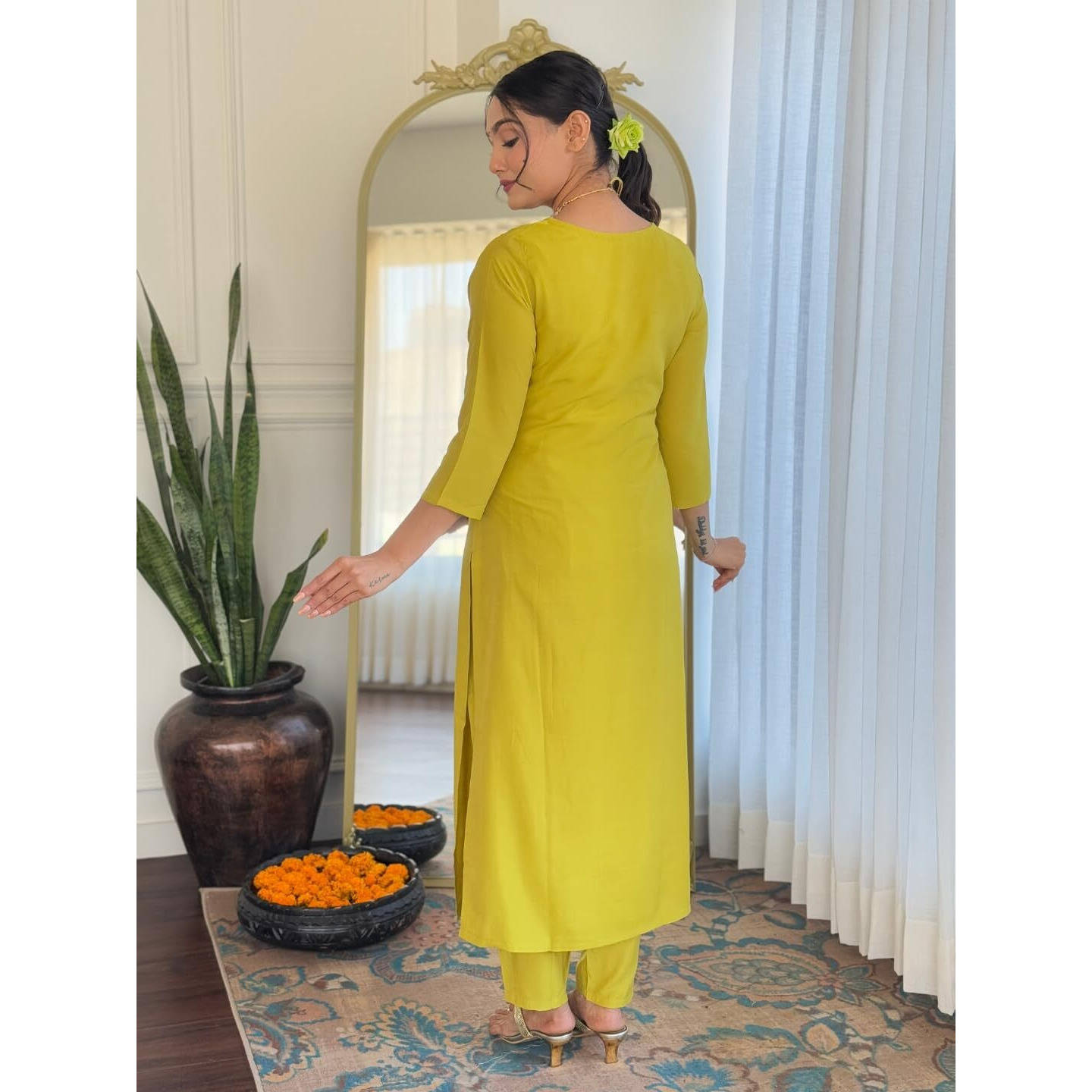 Navlik Women's Lemon Yellow BSY Viscose Embroidered Straight Kurta with BSY Viscose Pant and Viscose Jacquard Printed Dupatta Sets (NK-627)