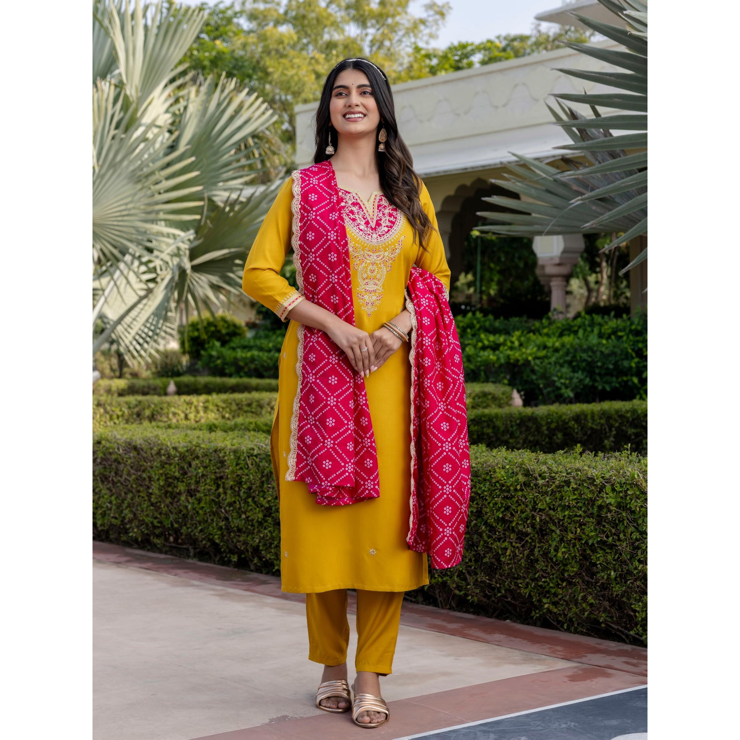 Navlik Women's BSY Viscose Embroidered Straight Kurta with Pant And Dupatta Sets (NK-628)