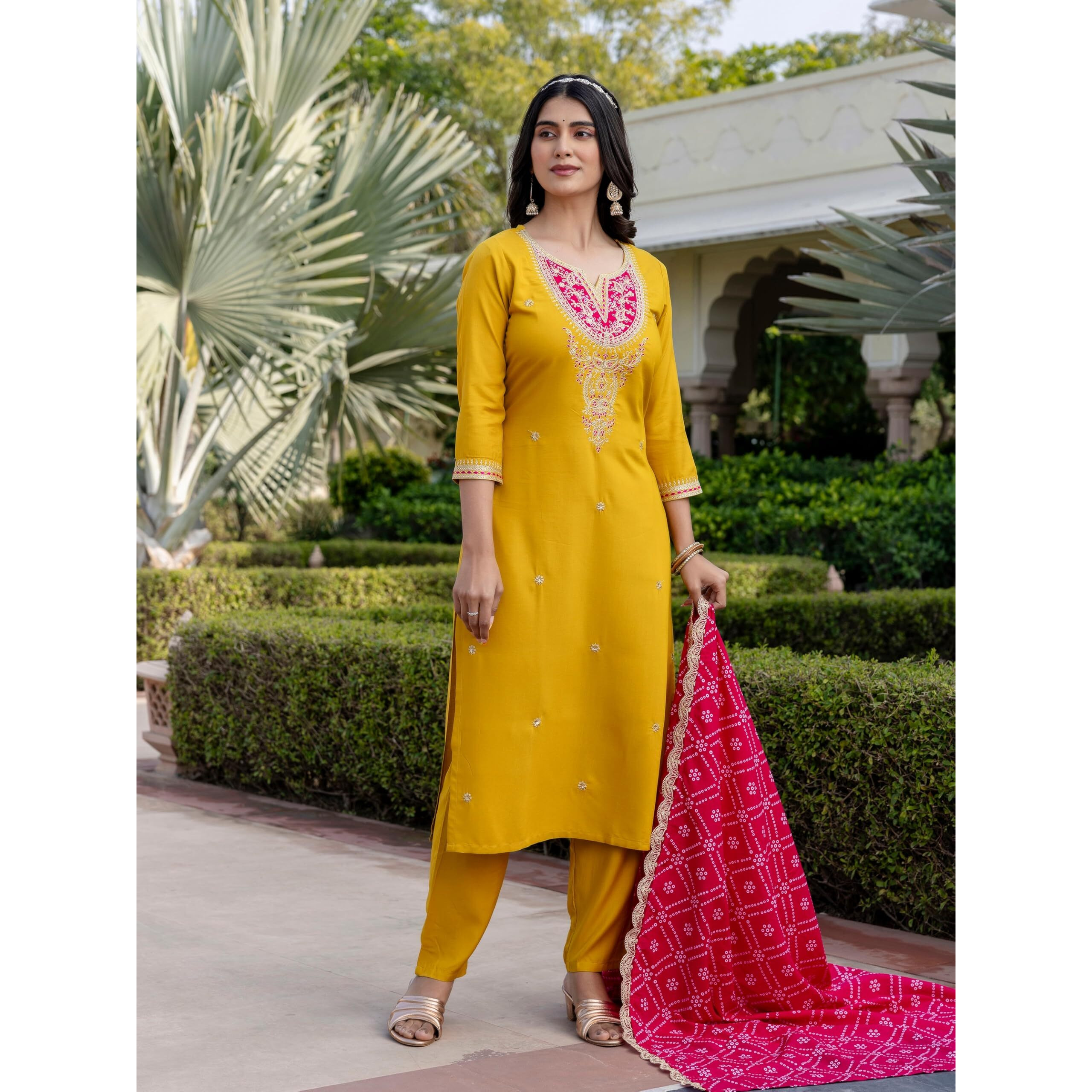 Navlik Women's BSY Viscose Embroidered Straight Kurta with Pant And Dupatta Sets (NK-628)
