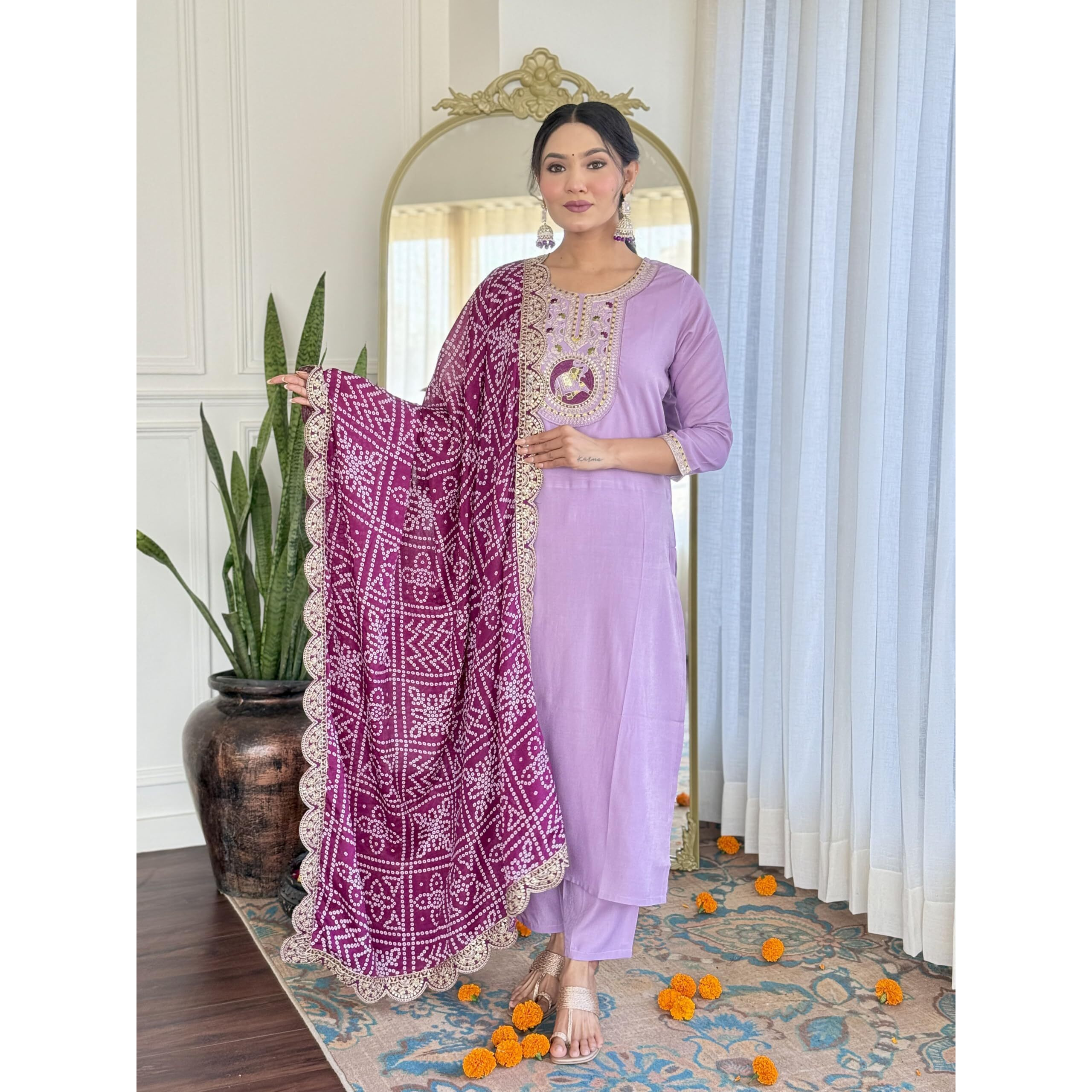 Navlik Women's Levender BSY Viscose Embroidered Straight Kurta with BSY Viscose Pant and Silk Blend Embroidered Laced Dupatta Sets (NK-630)