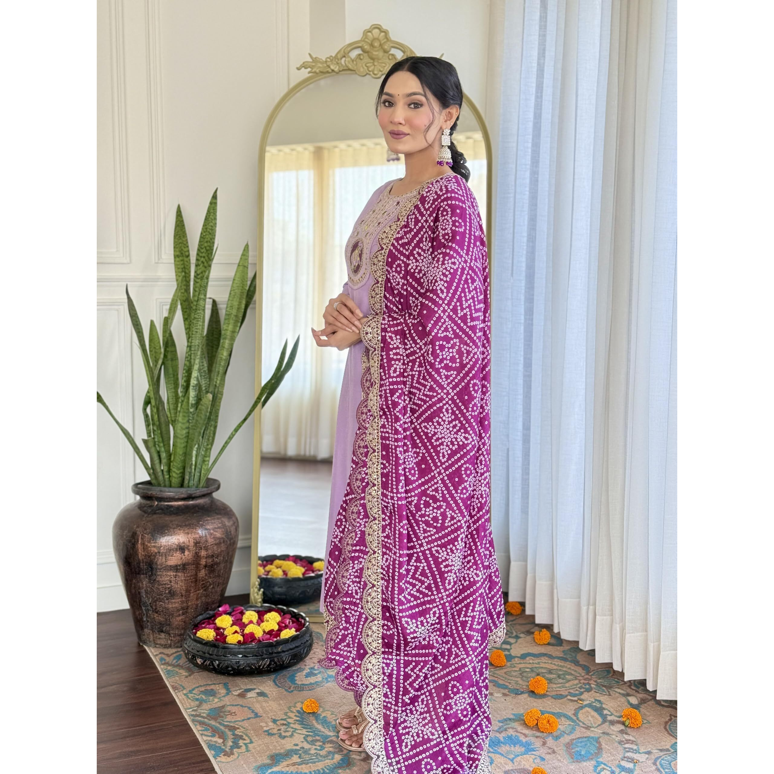 Navlik Women's Levender BSY Viscose Embroidered Straight Kurta with BSY Viscose Pant and Silk Blend Embroidered Laced Dupatta Sets (NK-630)