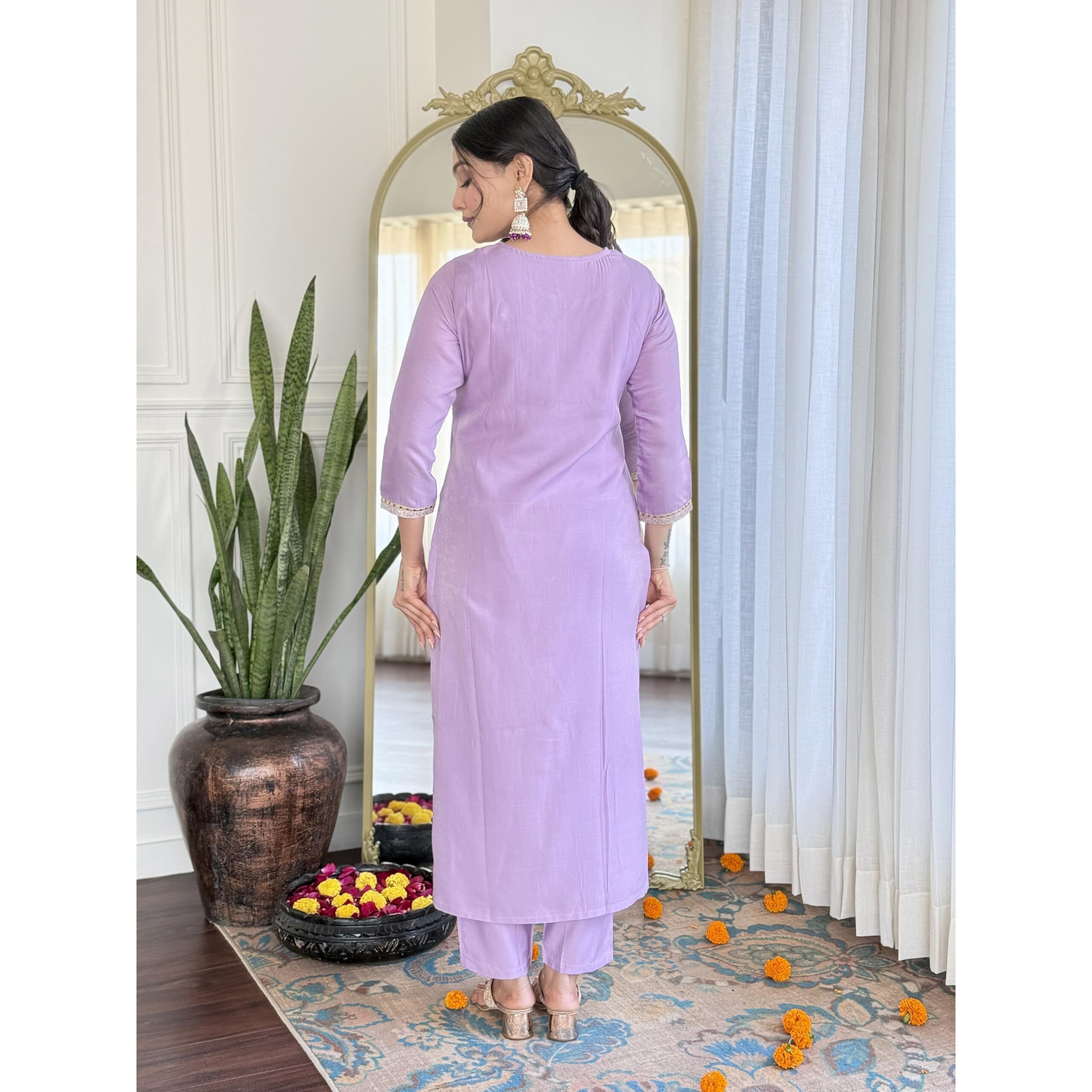 Navlik Women's Levender BSY Viscose Embroidered Straight Kurta with BSY Viscose Pant and Silk Blend Embroidered Laced Dupatta Sets (NK-630)