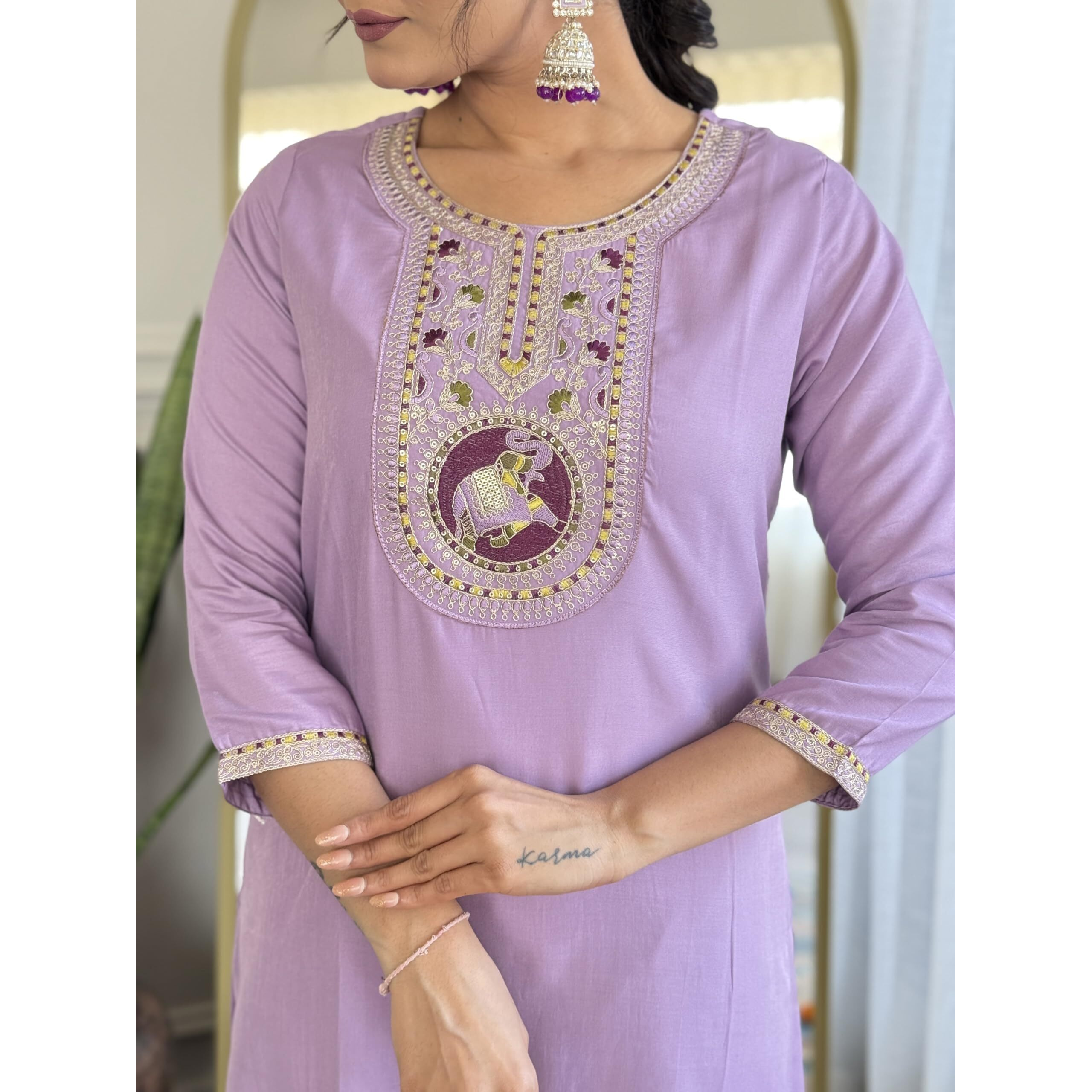 Navlik Women's Levender BSY Viscose Embroidered Straight Kurta with BSY Viscose Pant and Silk Blend Embroidered Laced Dupatta Sets (NK-630)