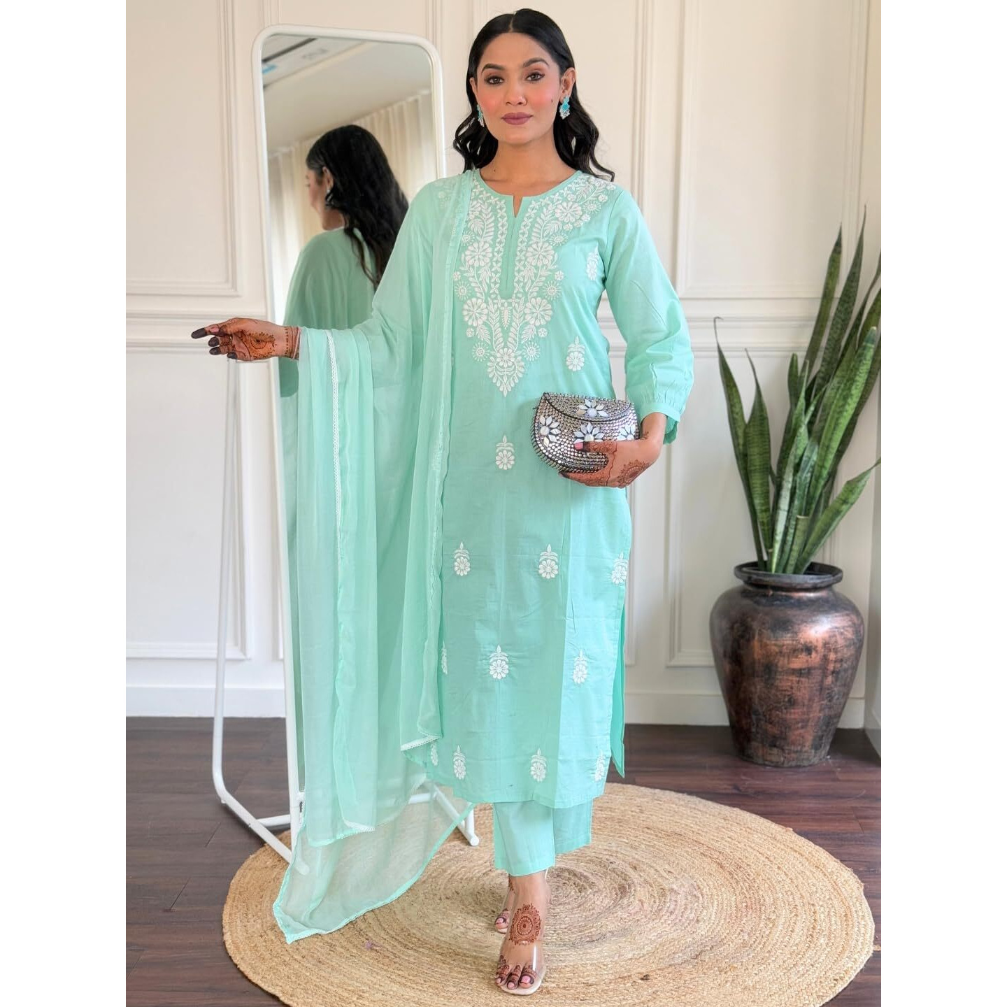 Navlik Women's Firoji Cotton Embroidered Straight Kurta with Cotton Pant and Naylon Dyed Dupatta Sets (NK-631)