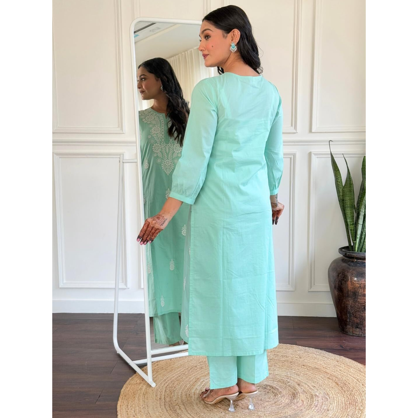 Navlik Women's Firoji Cotton Embroidered Straight Kurta with Cotton Pant and Naylon Dyed Dupatta Sets (NK-631)