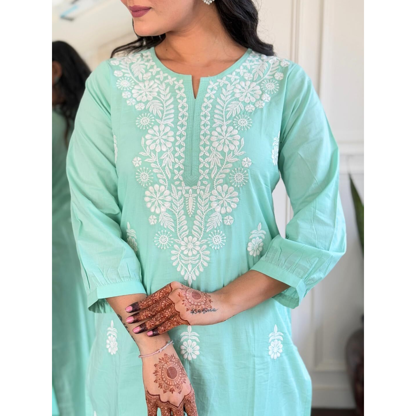 Navlik Women's Firoji Cotton Embroidered Straight Kurta with Cotton Pant and Naylon Dyed Dupatta Sets (NK-631)