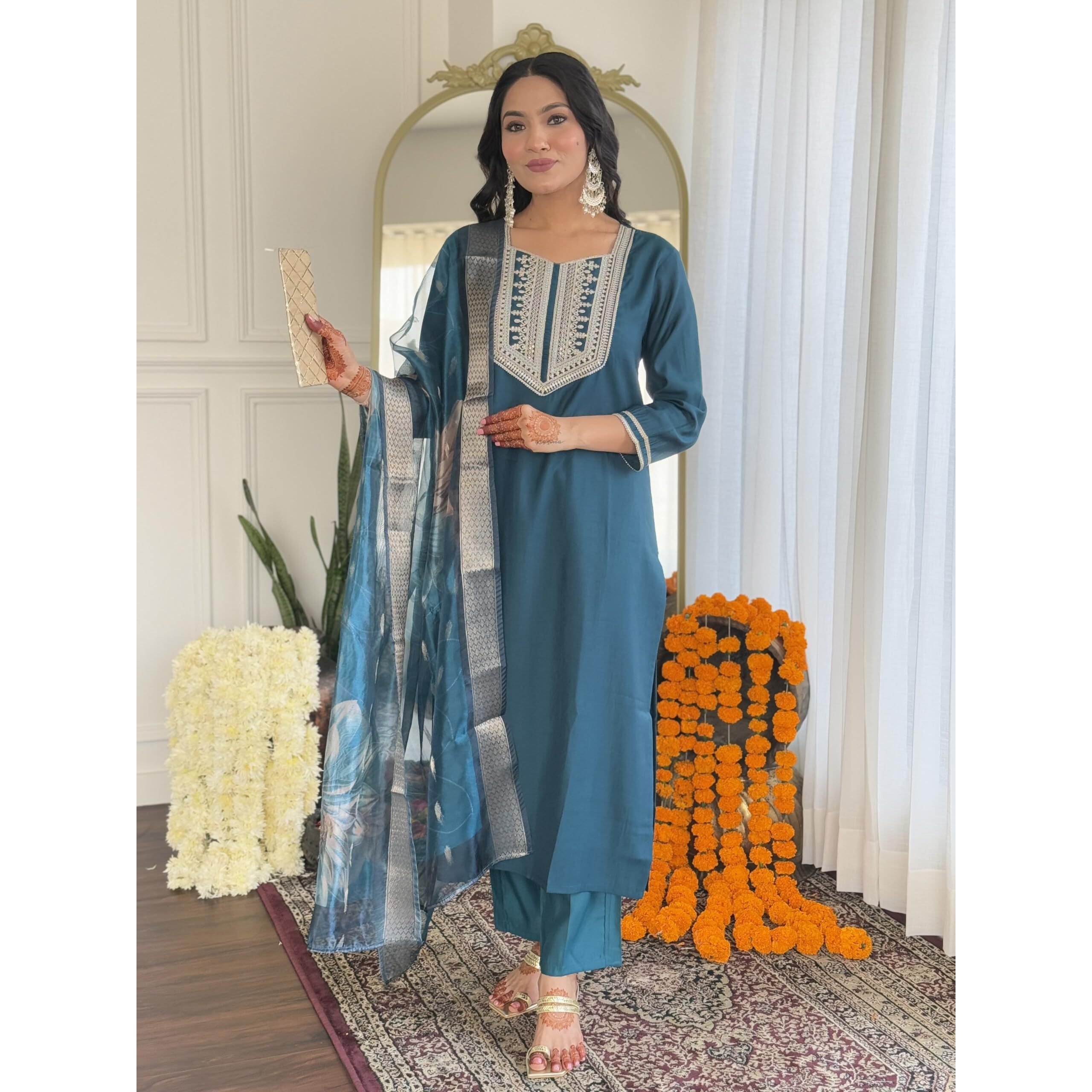 Navlik Women's BSY Viscose Embroidered Straight Kurta with Pant And Dupatta Sets (NK-632)