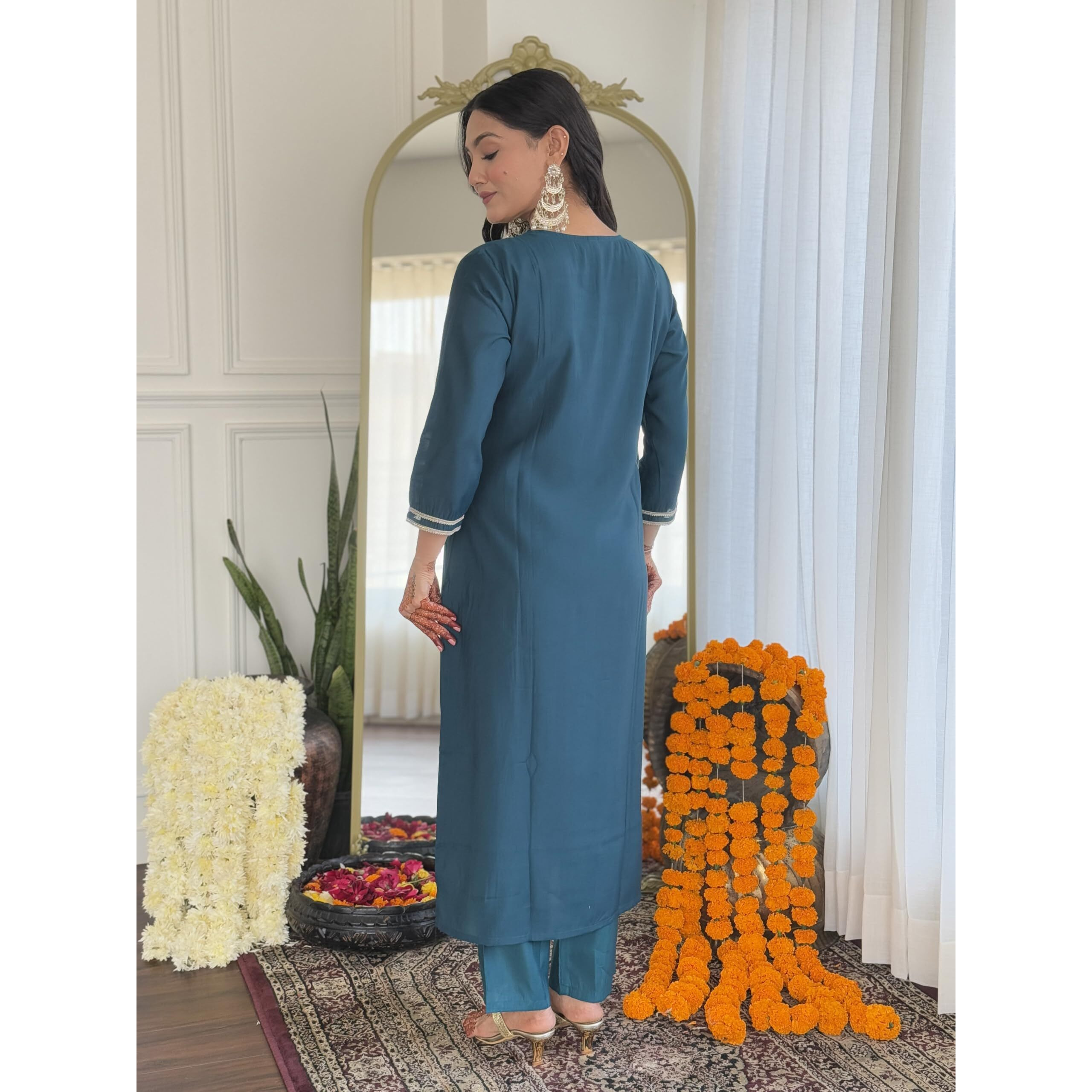 Navlik Women's BSY Viscose Embroidered Straight Kurta with Pant And Dupatta Sets (NK-632)