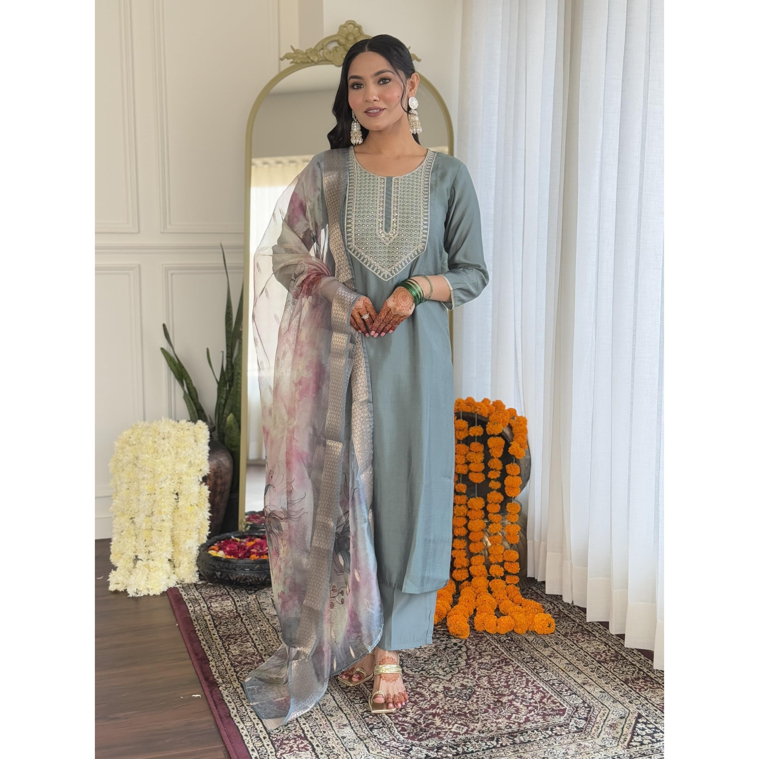 Navlik Women's Sky BSY Viscose Embroidered Straight Kurta with BSY Viscose Pant and Organza Printed Dupatta Sets (NK-633)