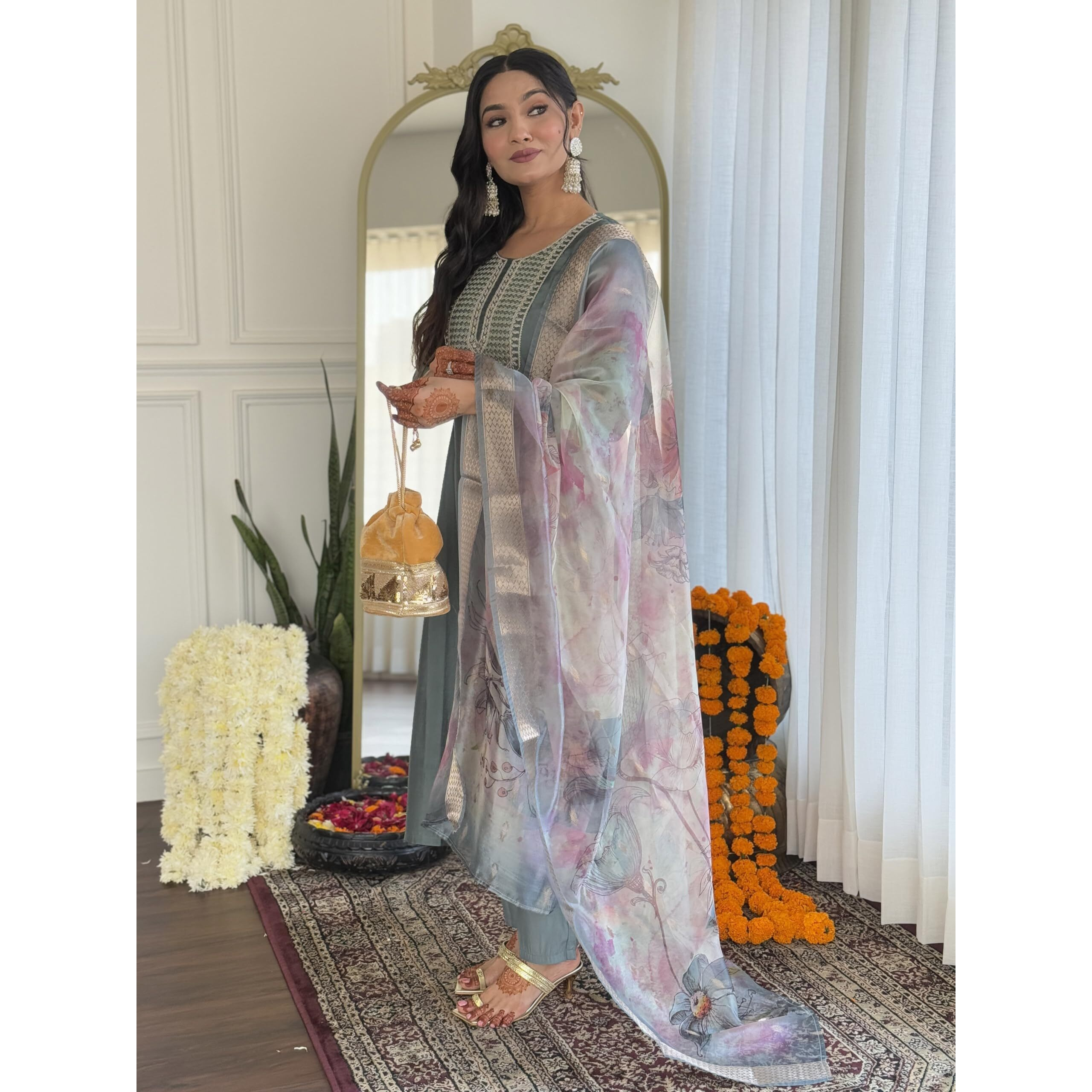 Navlik Women's Sky BSY Viscose Embroidered Straight Kurta with BSY Viscose Pant and Organza Printed Dupatta Sets (NK-633)