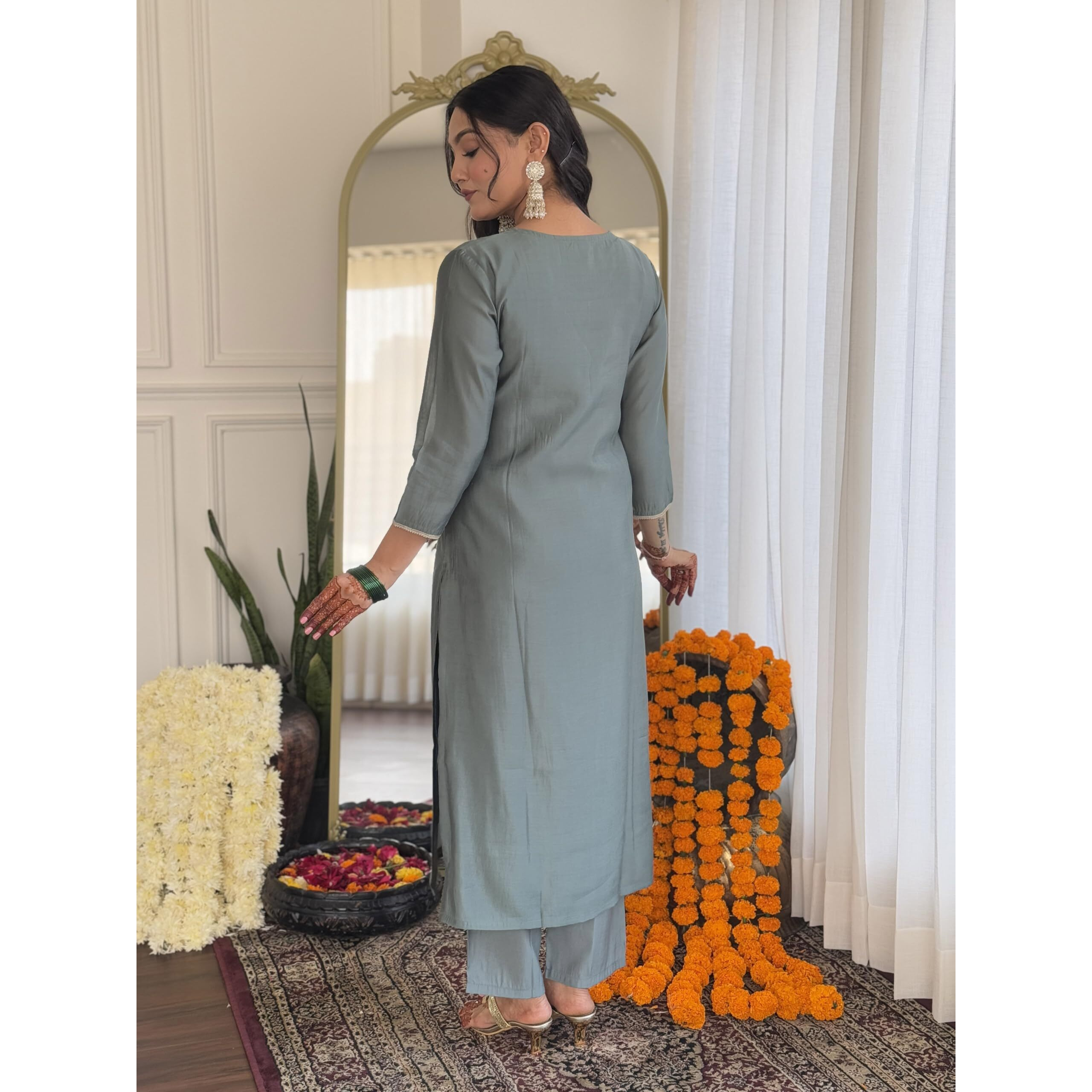 Navlik Women's Sky BSY Viscose Embroidered Straight Kurta with BSY Viscose Pant and Organza Printed Dupatta Sets (NK-633)