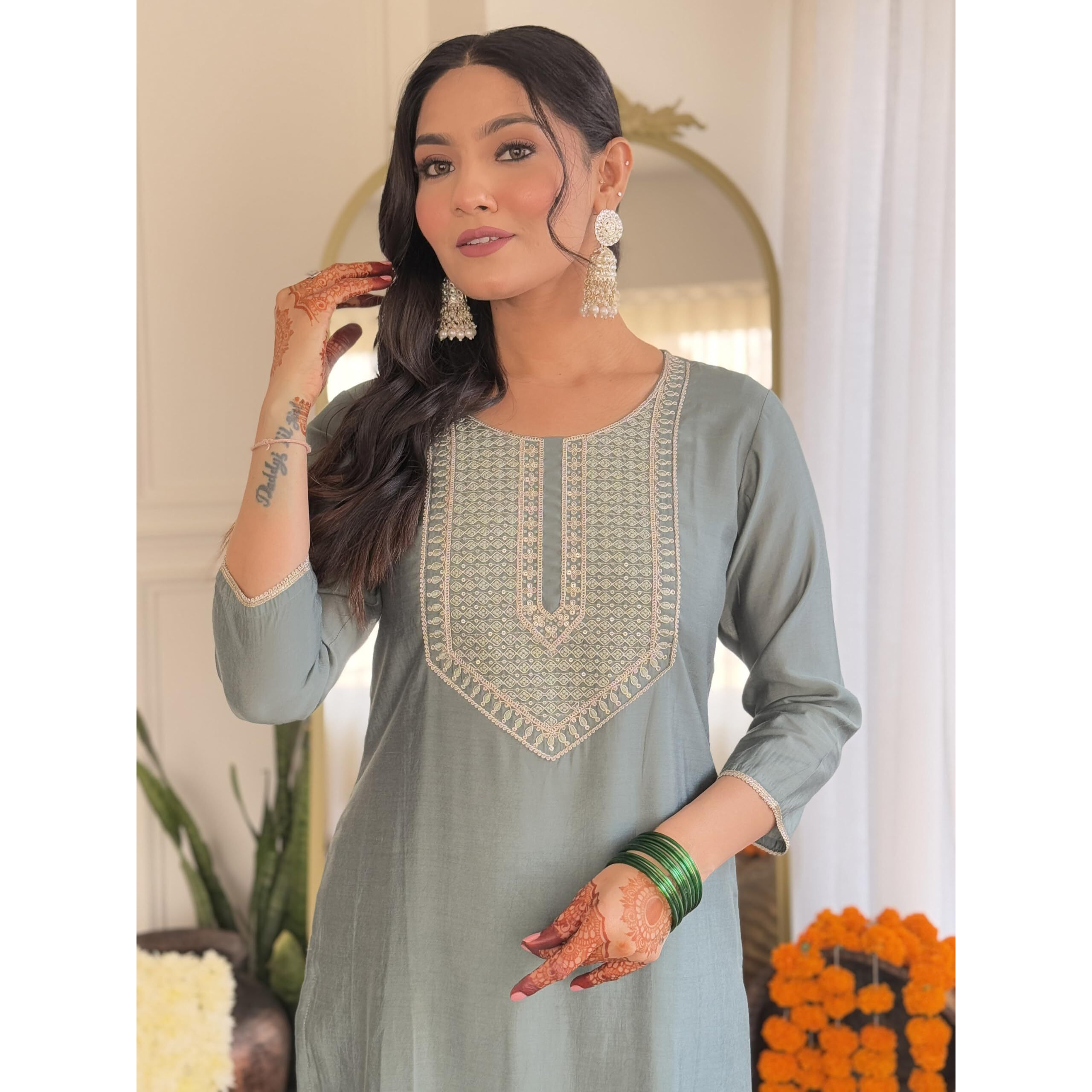 Navlik Women's Sky BSY Viscose Embroidered Straight Kurta with BSY Viscose Pant and Organza Printed Dupatta Sets (NK-633)