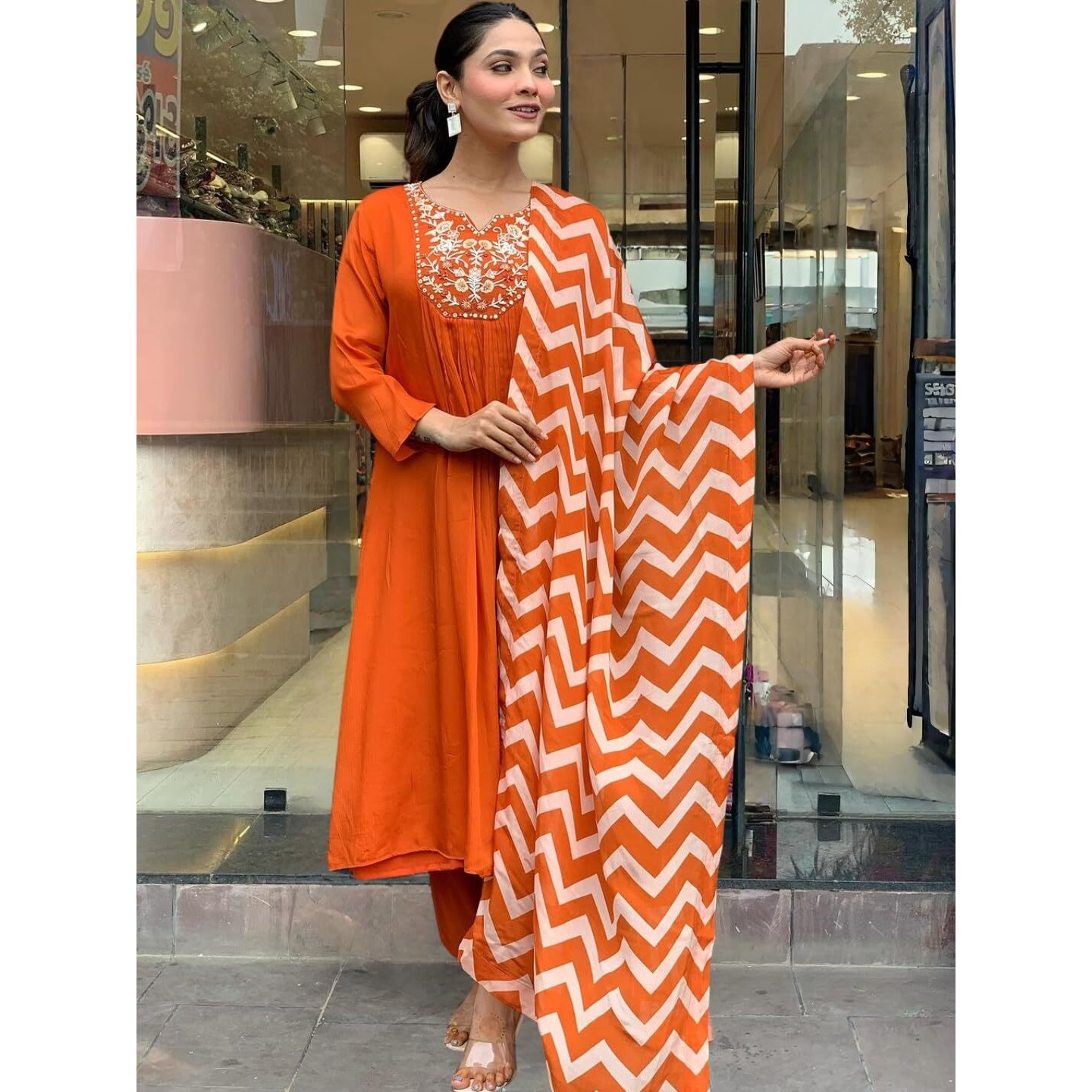 Navlik Women's Orange Chinon with Cotton Lining Embroidered Flared Kurta with Rayon Pant and Chinon Printed Dupatta Sets (NK-634)