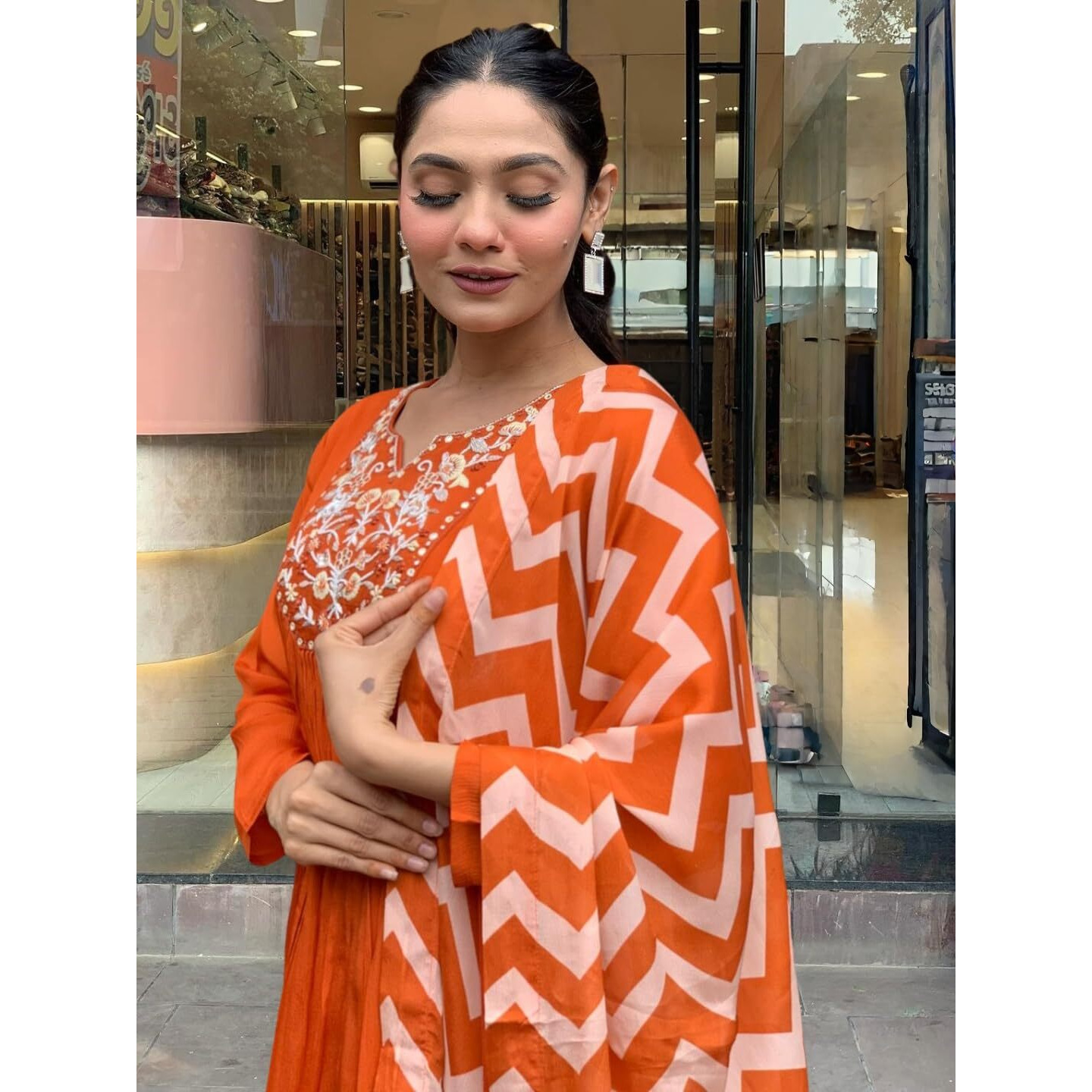 Navlik Women's Orange Chinon with Cotton Lining Embroidered Flared Kurta with Rayon Pant and Chinon Printed Dupatta Sets (NK-634)