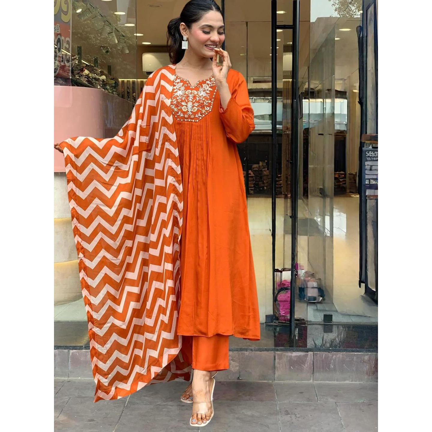 Navlik Women's Orange Chinon with Cotton Lining Embroidered Flared Kurta with Rayon Pant and Chinon Printed Dupatta Sets (NK-634)