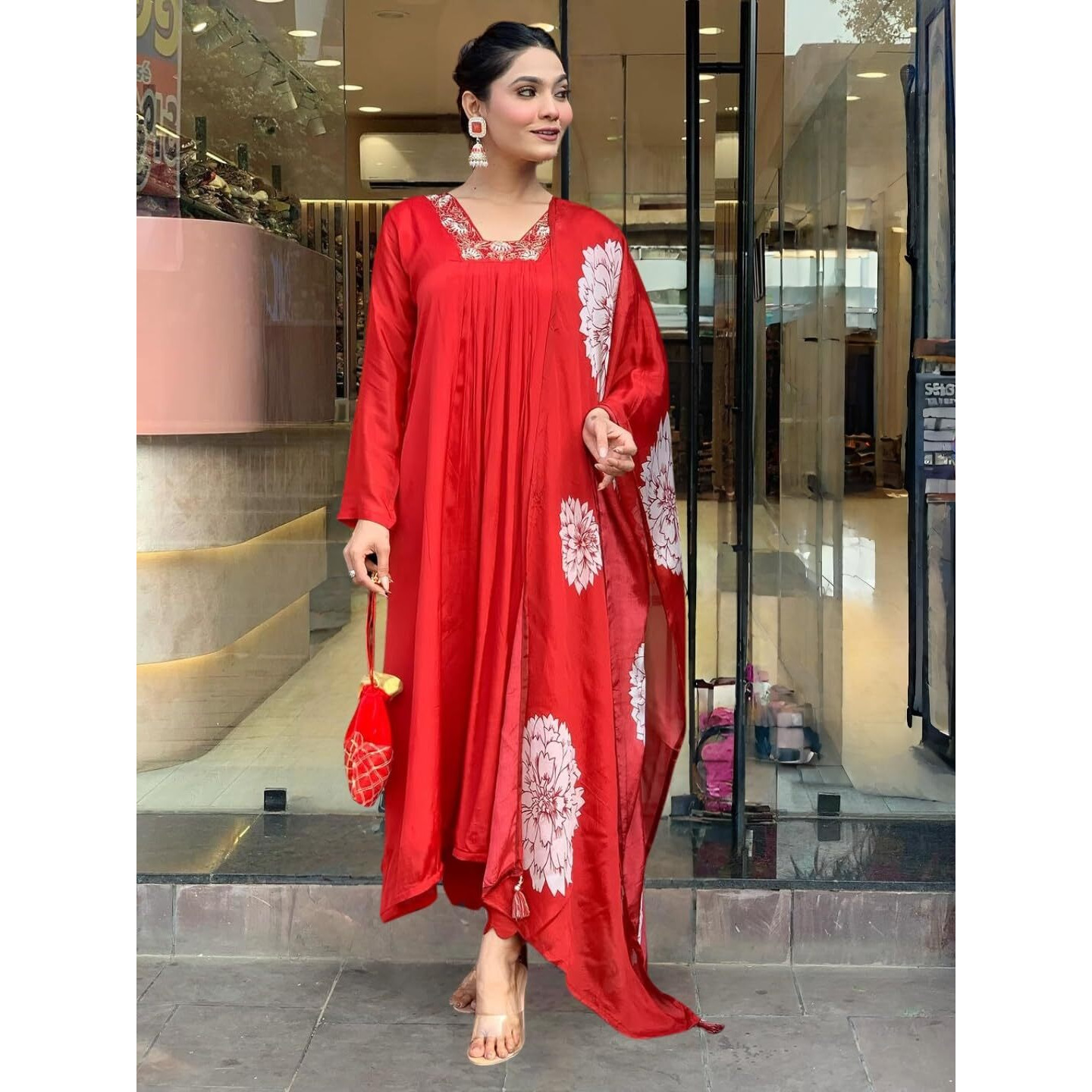 Navlik Women's Red Chinon with Cotton Lining Embroidered Flared Kurta with Rayon Pant and Chinon Printed Dupatta Sets (NK-636)